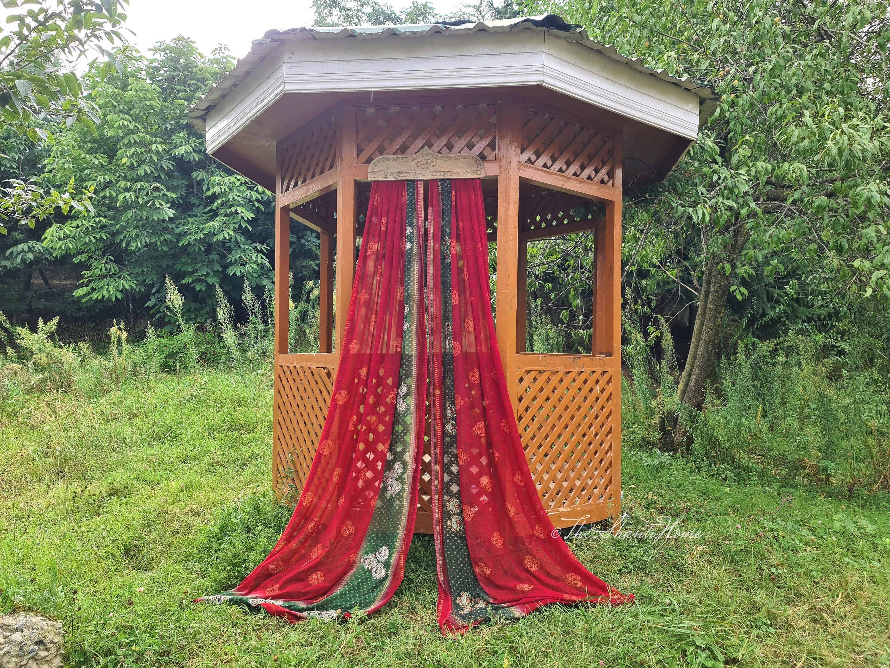 Boho doorway curtain Kashmiri hand carved walnut wood doorway topper with vintage Indian saree - The Shanti Home