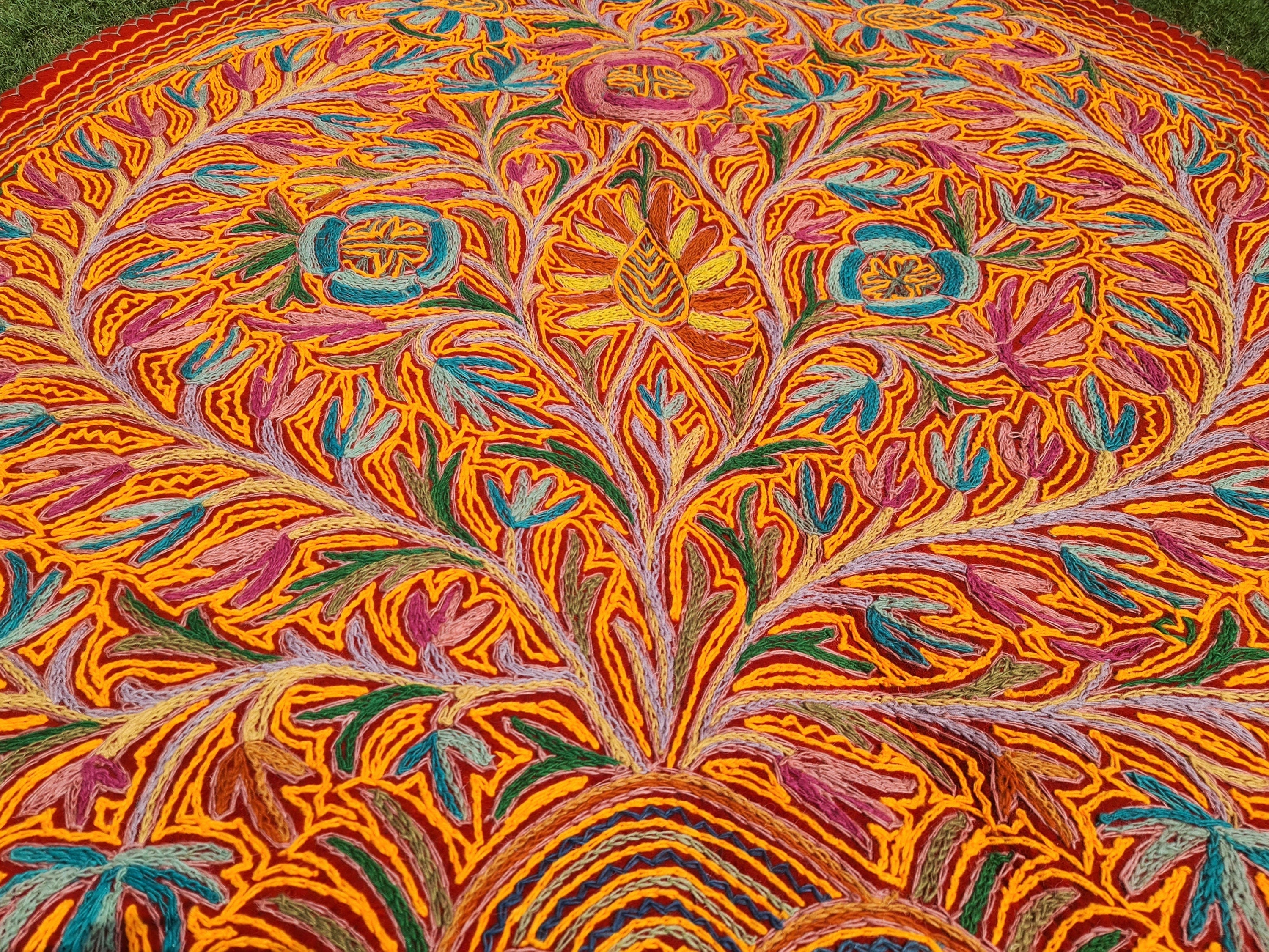 Round rug 5 ft boho wool rug "Namda" from Kashmir hand felted and embroidered - The Shanti Home