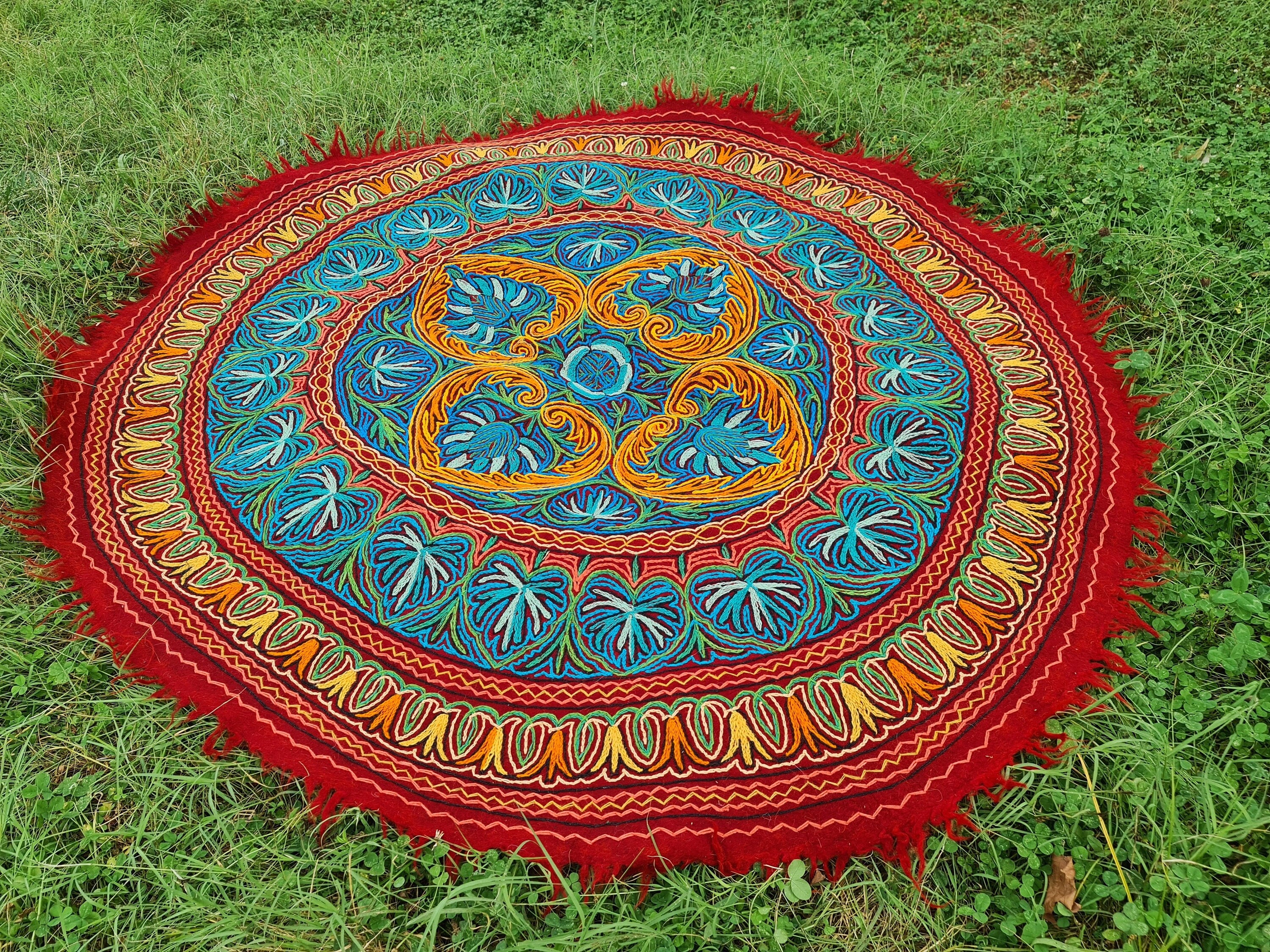5 ft "Namda" from Kashmir "Shanti Mandala" large round rug hand felted and embroidered | soft Indian area rug - bohemian bedroom carpet - The Shanti Home