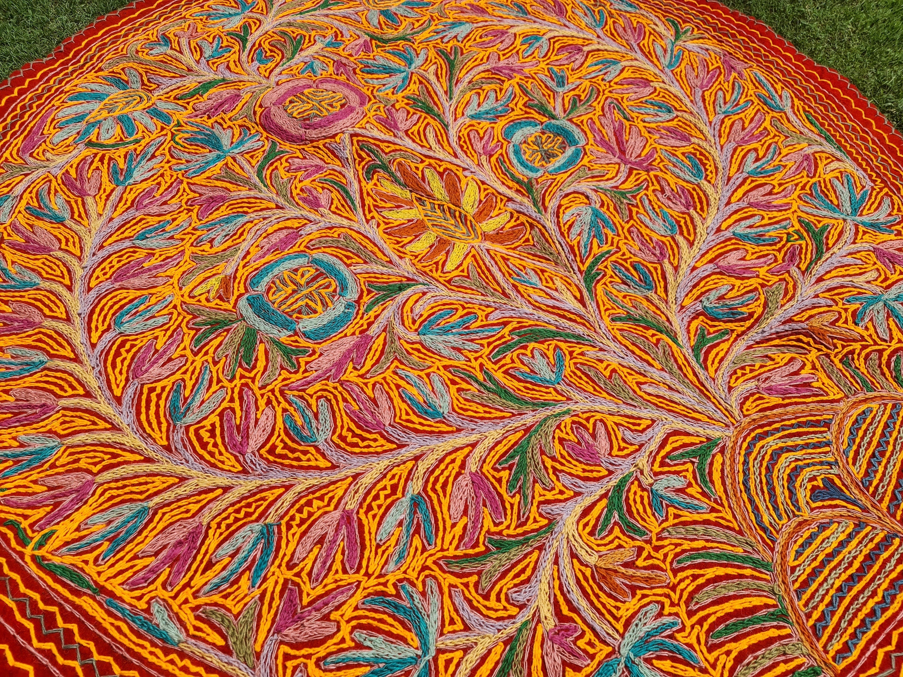 Round rug 5 ft boho wool rug "Namda" from Kashmir hand felted and embroidered - The Shanti Home