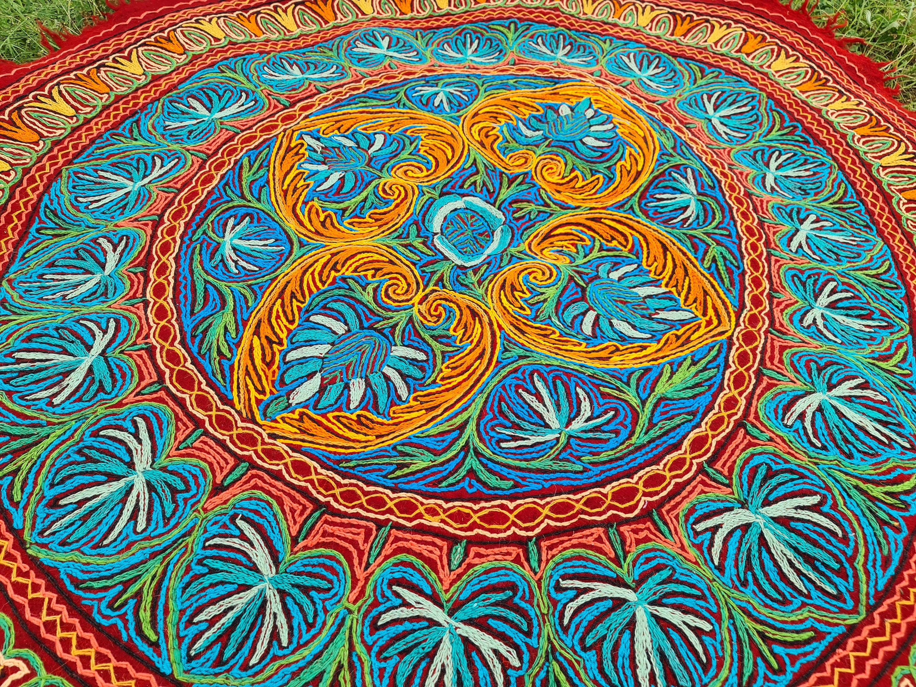 5 ft "Namda" from Kashmir "Shanti Mandala" large round rug hand felted and embroidered | soft Indian area rug - bohemian bedroom carpet - The Shanti Home