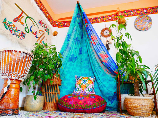 Kashmiri floor seating set with boho cushion and saree canopy – The Shanti Home