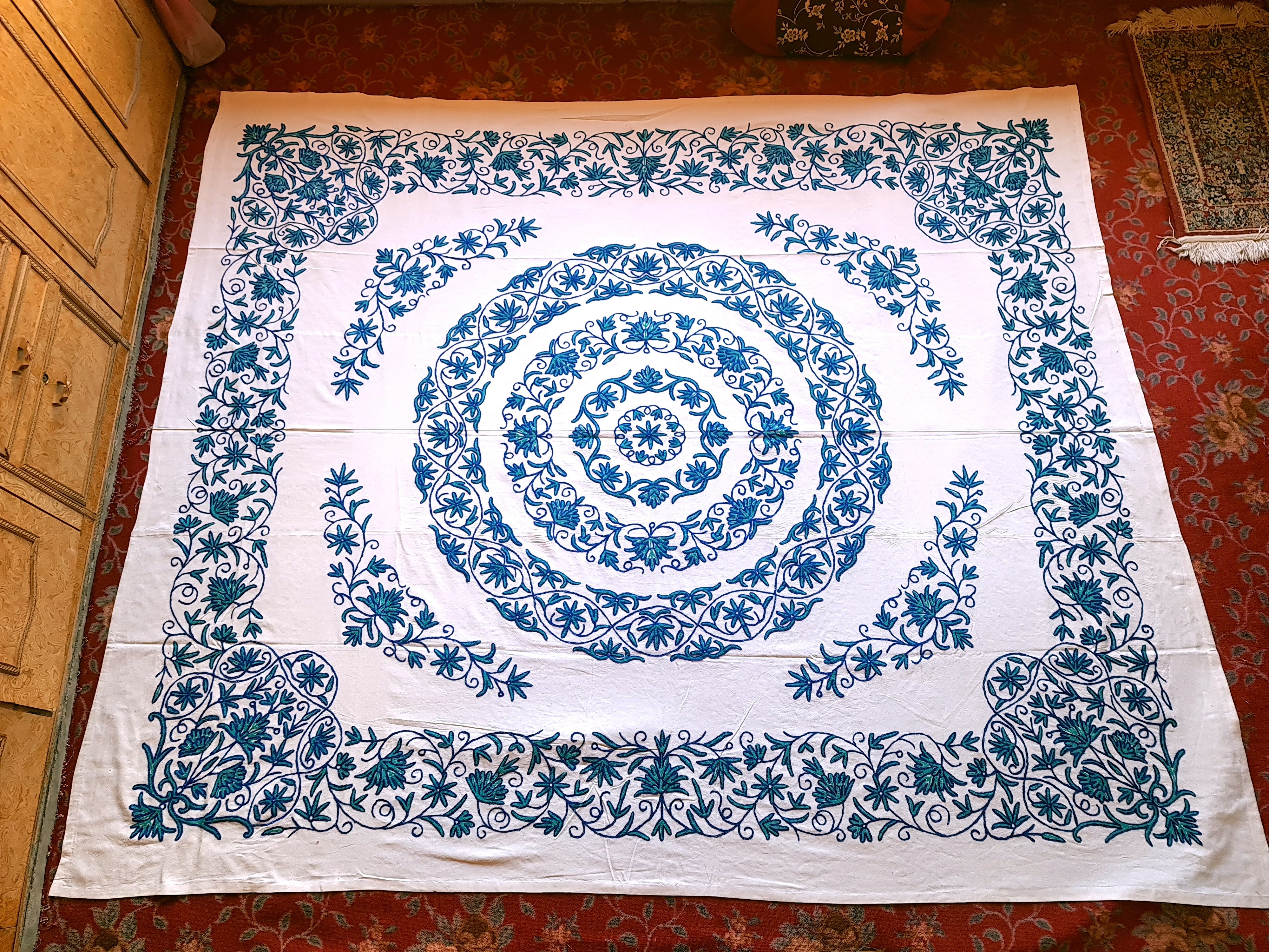 Hand embroidered Kashmiri bedspread - colorful crewel embroidery - large boho bed throw - The Shanti Home