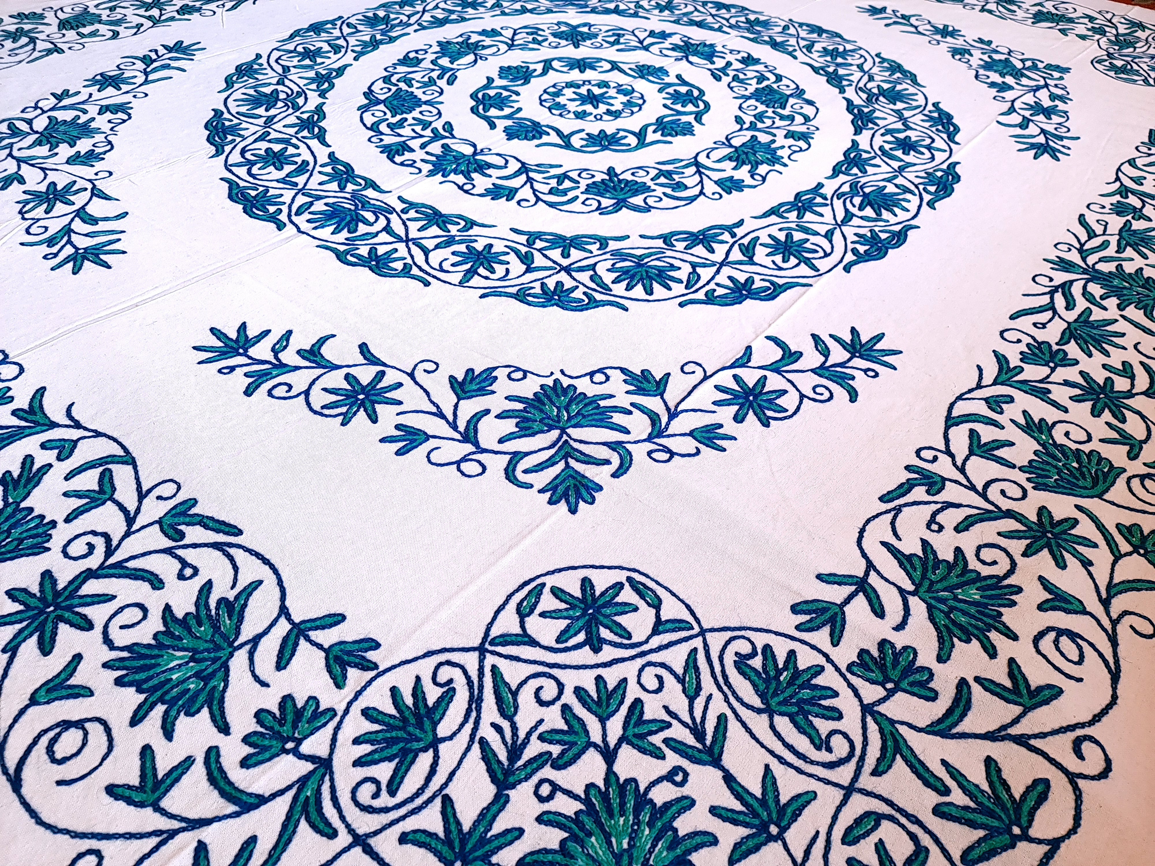 Hand embroidered Kashmiri bedspread - colorful crewel embroidery - large boho bed throw - The Shanti Home