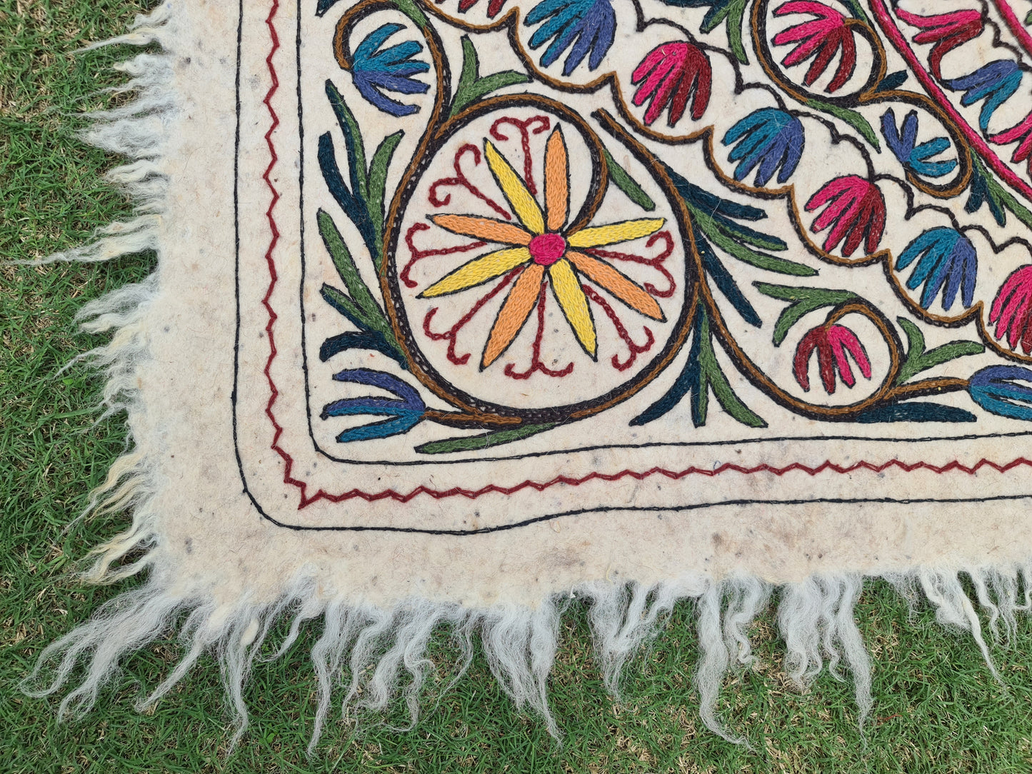 Wool rug Kashmiri "Namda" 6x4  hand felted and embroidered area rug - bohemian soft bedroom rug