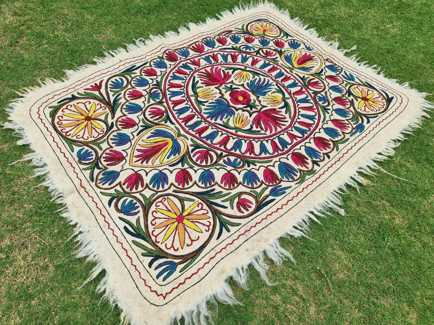 Wool rug Kashmiri "Namda" 6x4  hand felted and embroidered area rug - bohemian soft bedroom rug