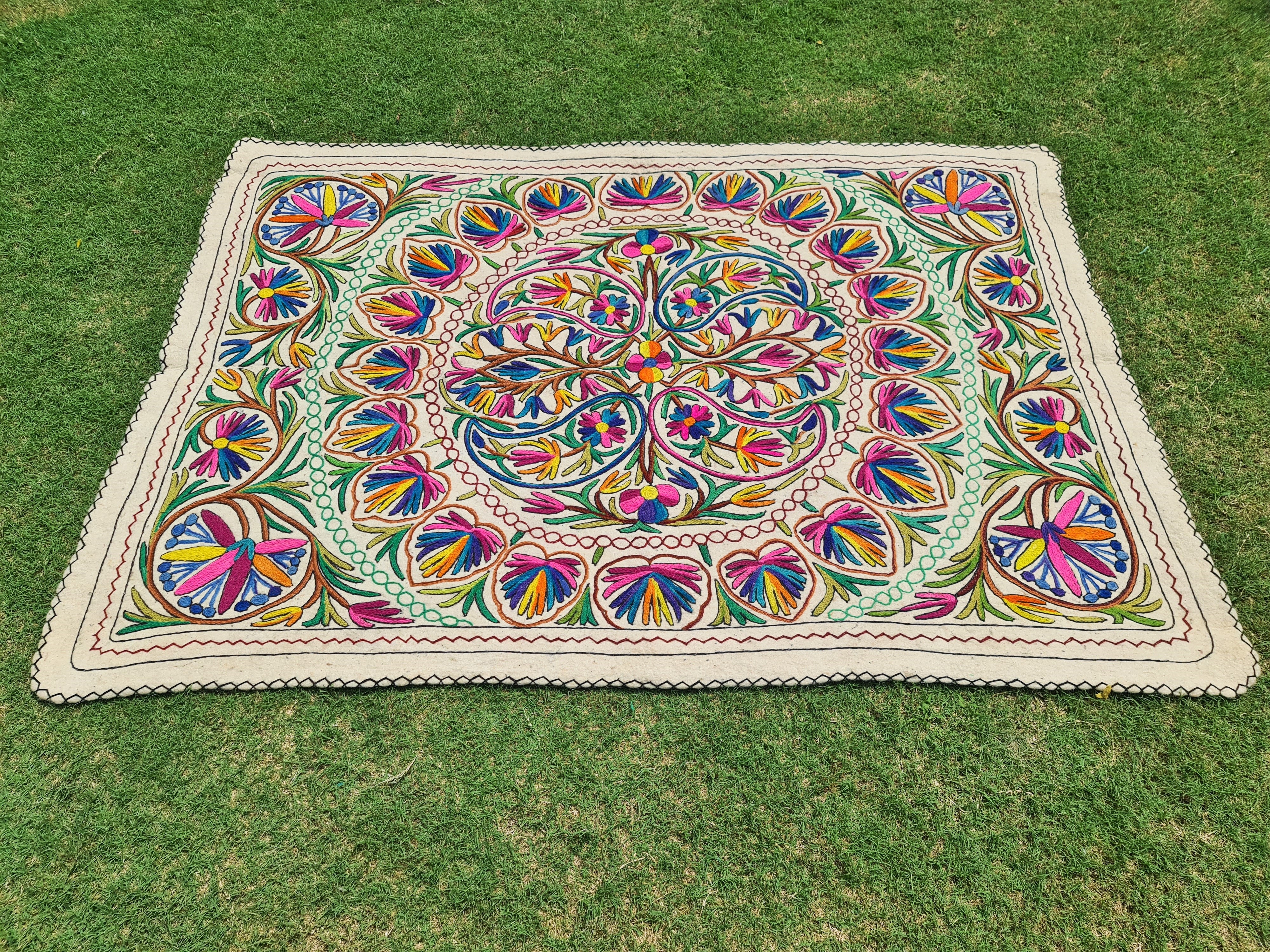 Hand-Felted 7x5 Wool Rug "Namda" from Kashmir - Unique Floral Embroidery on Sheep Wool Felt Base - Boho Decor for Cozy Floors and Artful Corners - The Shanti Home