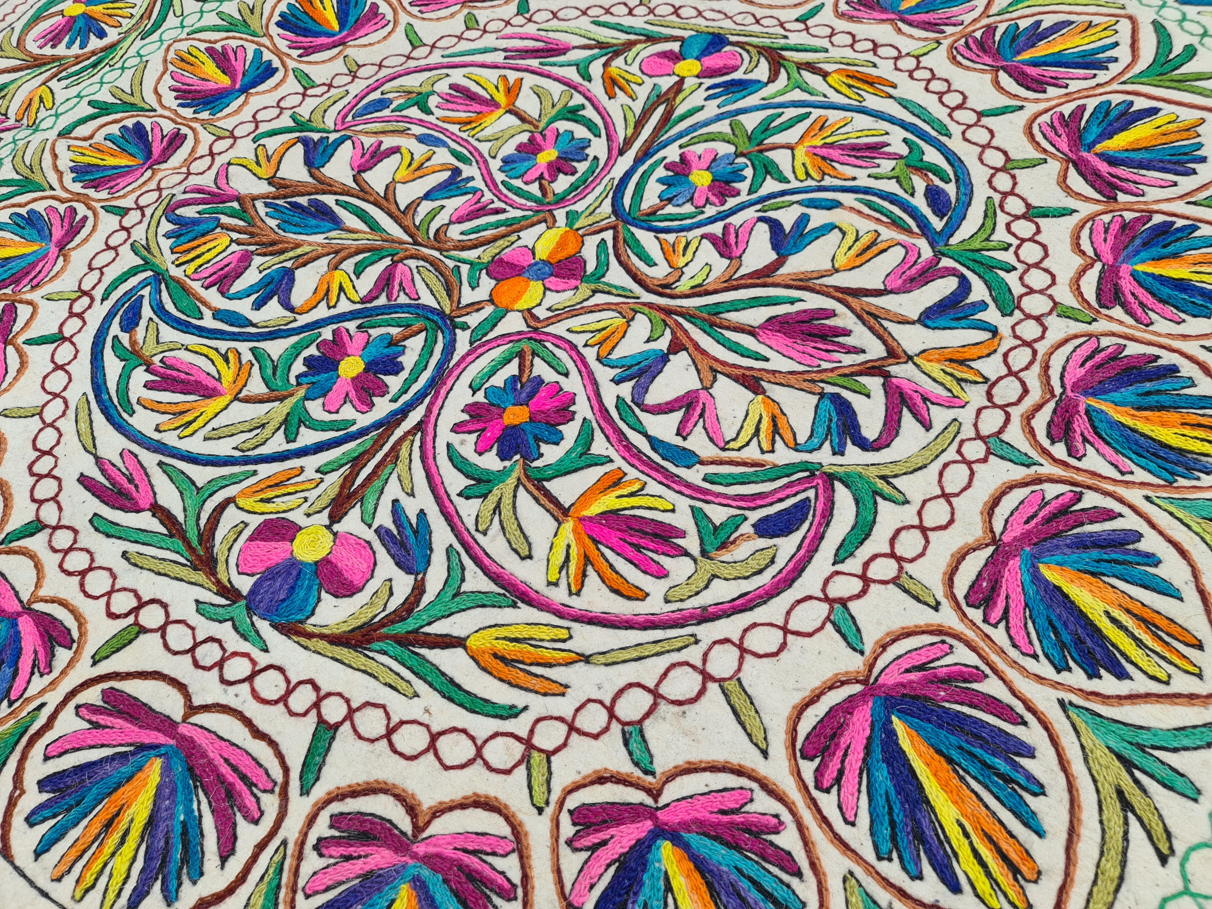 Hand-Felted 7x5 Wool Rug "Namda" from Kashmir - Unique Floral Embroidery on Sheep Wool Felt Base - Boho Decor for Cozy Floors and Artful Corners - The Shanti Home