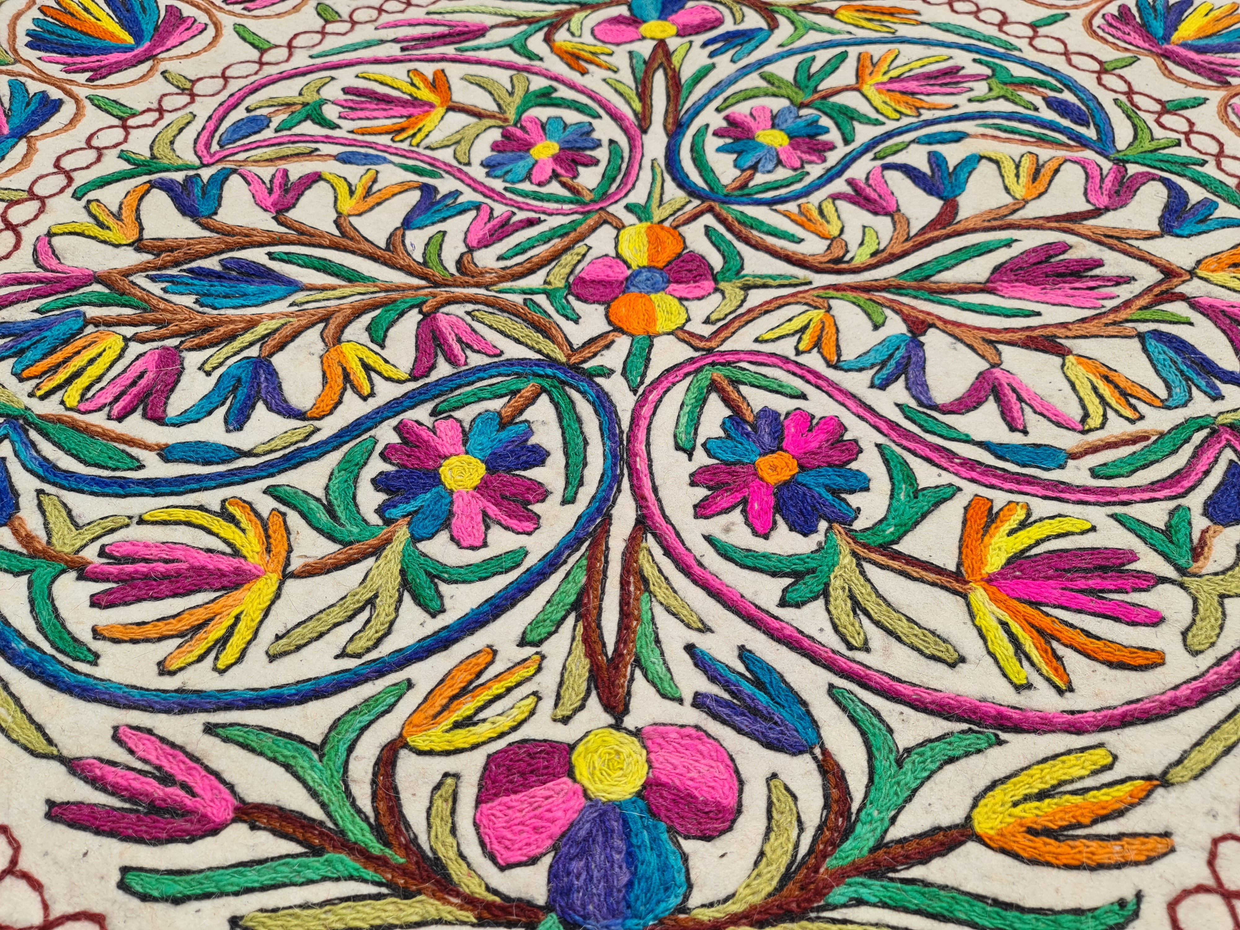 Hand-Felted 7x5 Wool Rug "Namda" from Kashmir - Unique Floral Embroidery on Sheep Wool Felt Base - Boho Decor for Cozy Floors and Artful Corners - The Shanti Home