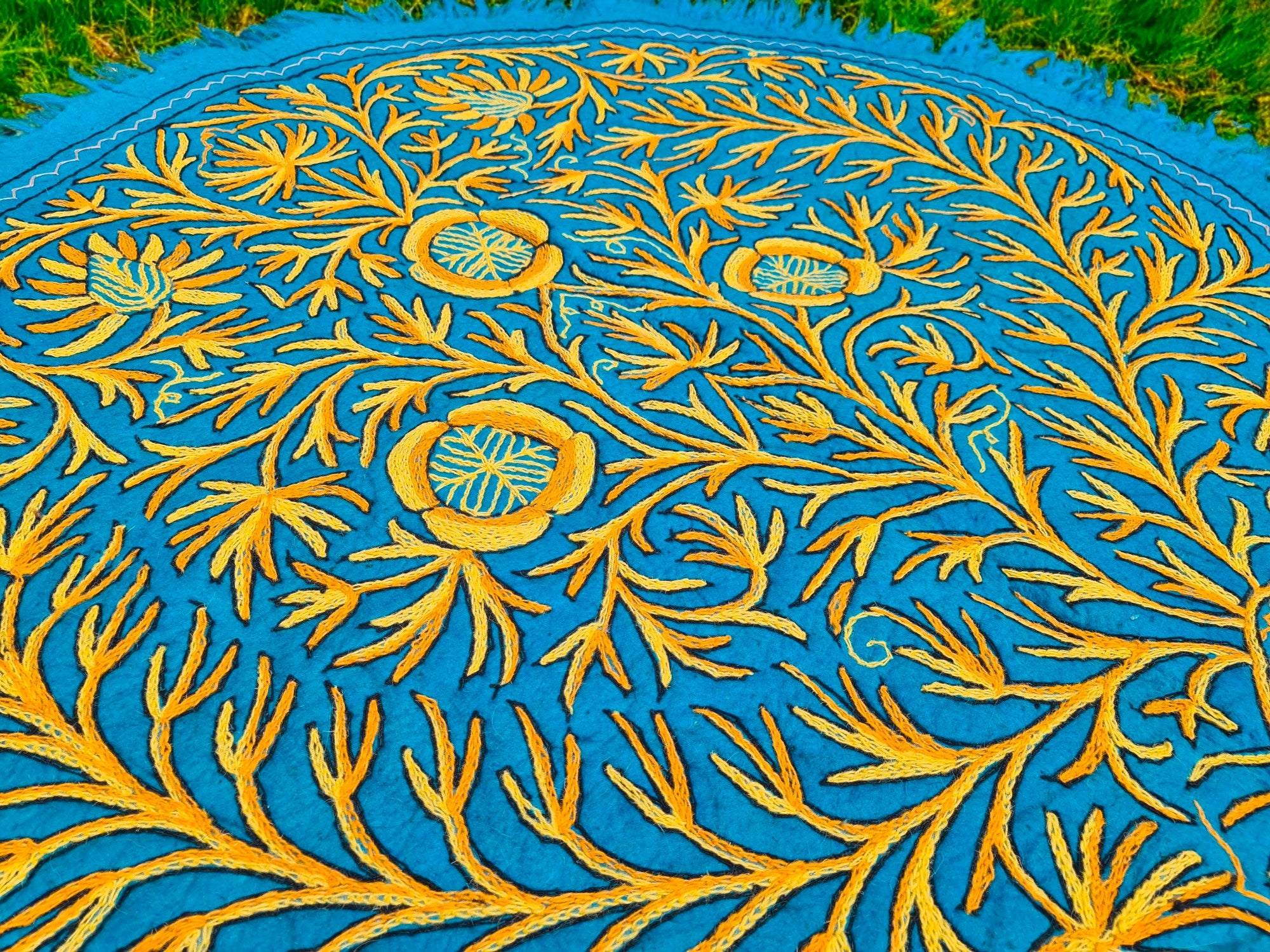 5ft Flower Namda - boho wool rug | hand felted and embroidered - Kashmiri area rug - Round wool rug - The Shanti Home