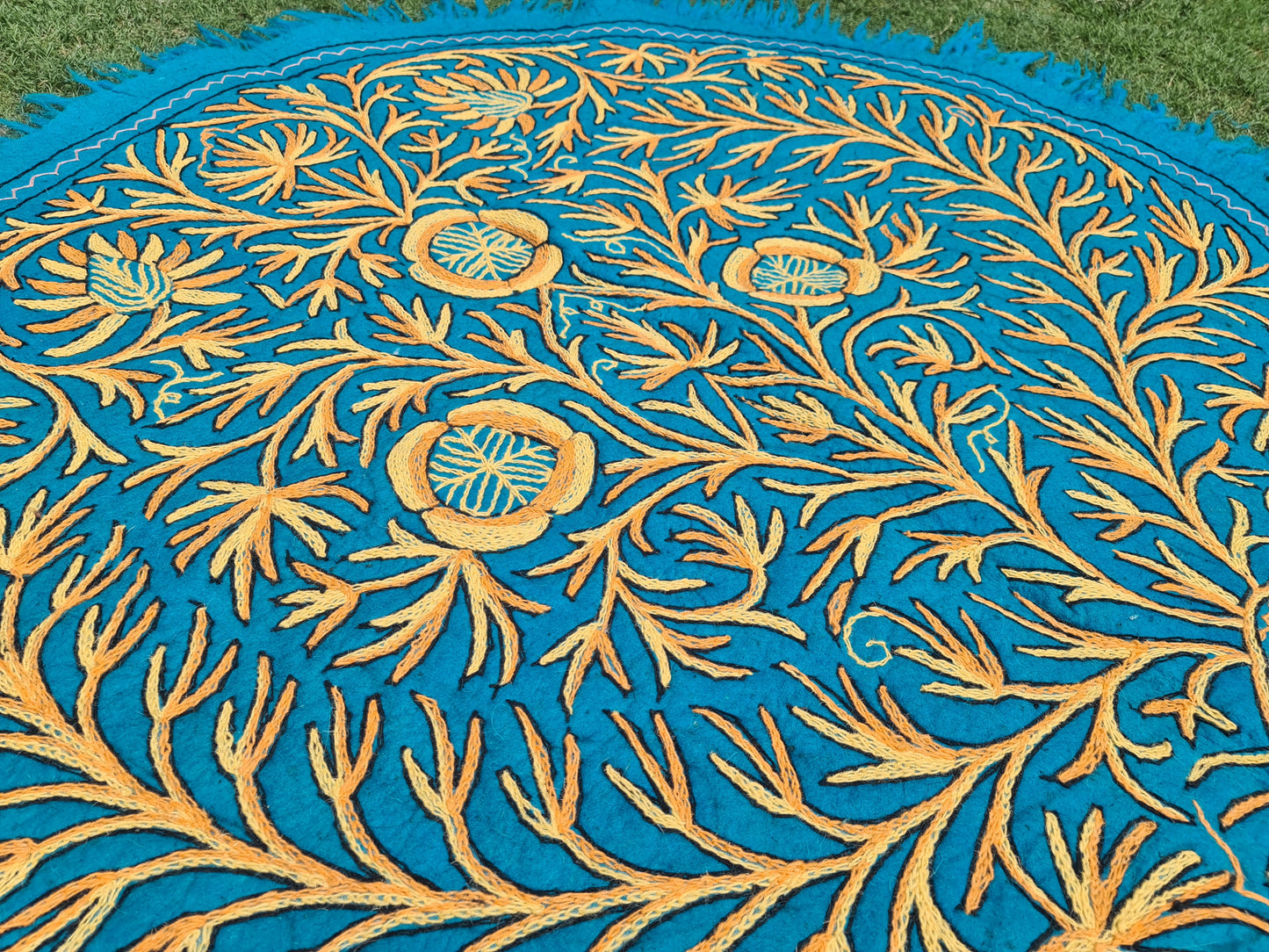 5ft Flower Namda - boho wool rug | hand felted and embroidered - Kashmiri area rug - Round wool rug - The Shanti Home