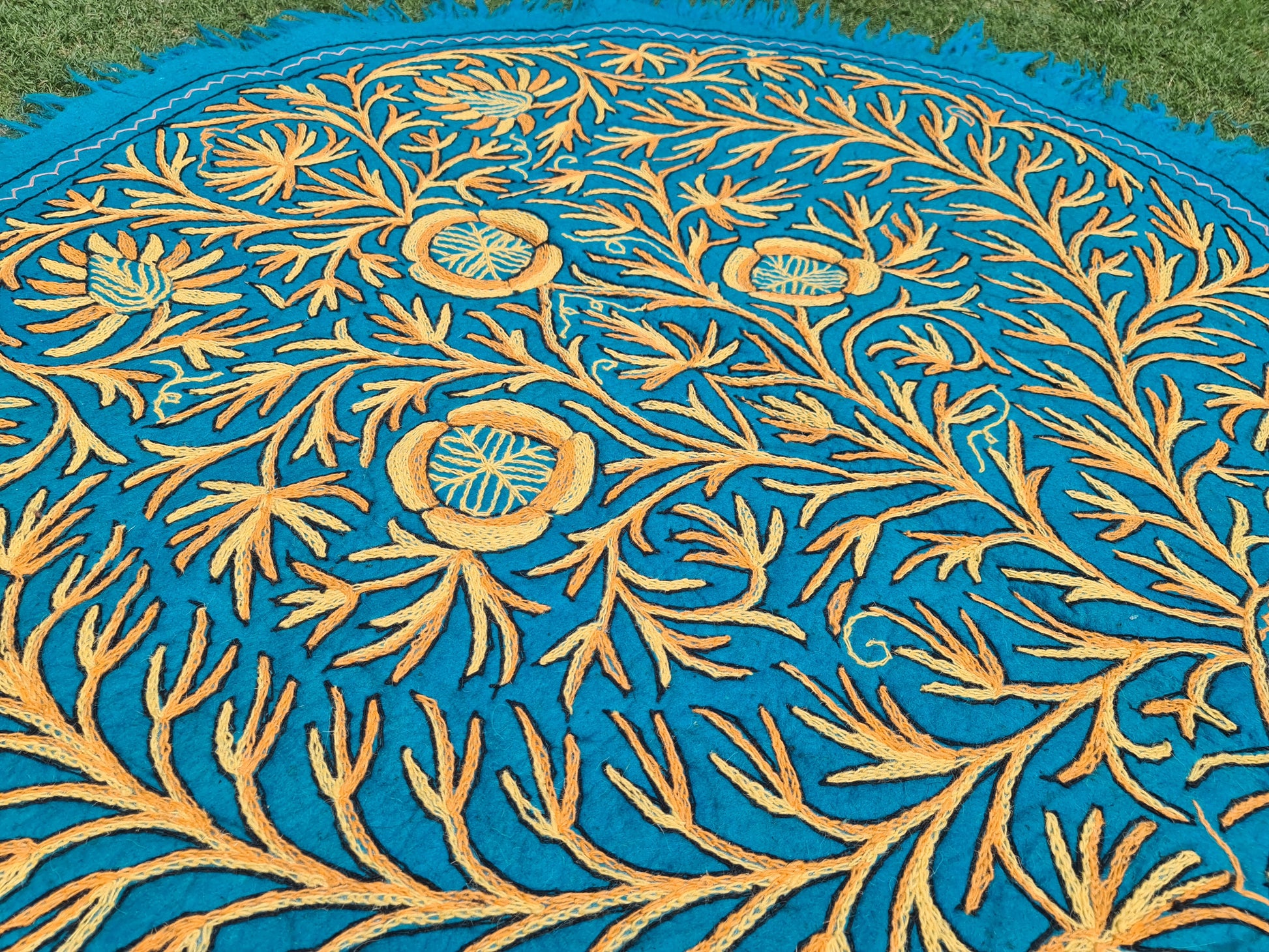 5ft Flower Namda - boho wool rug | hand felted and embroidered - Kashmiri area rug - Round wool rug - The Shanti Home
