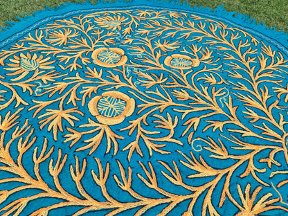 5ft Flower Namda - boho wool rug | hand felted and embroidered - Kashmiri area rug - Round wool rug - The Shanti Home