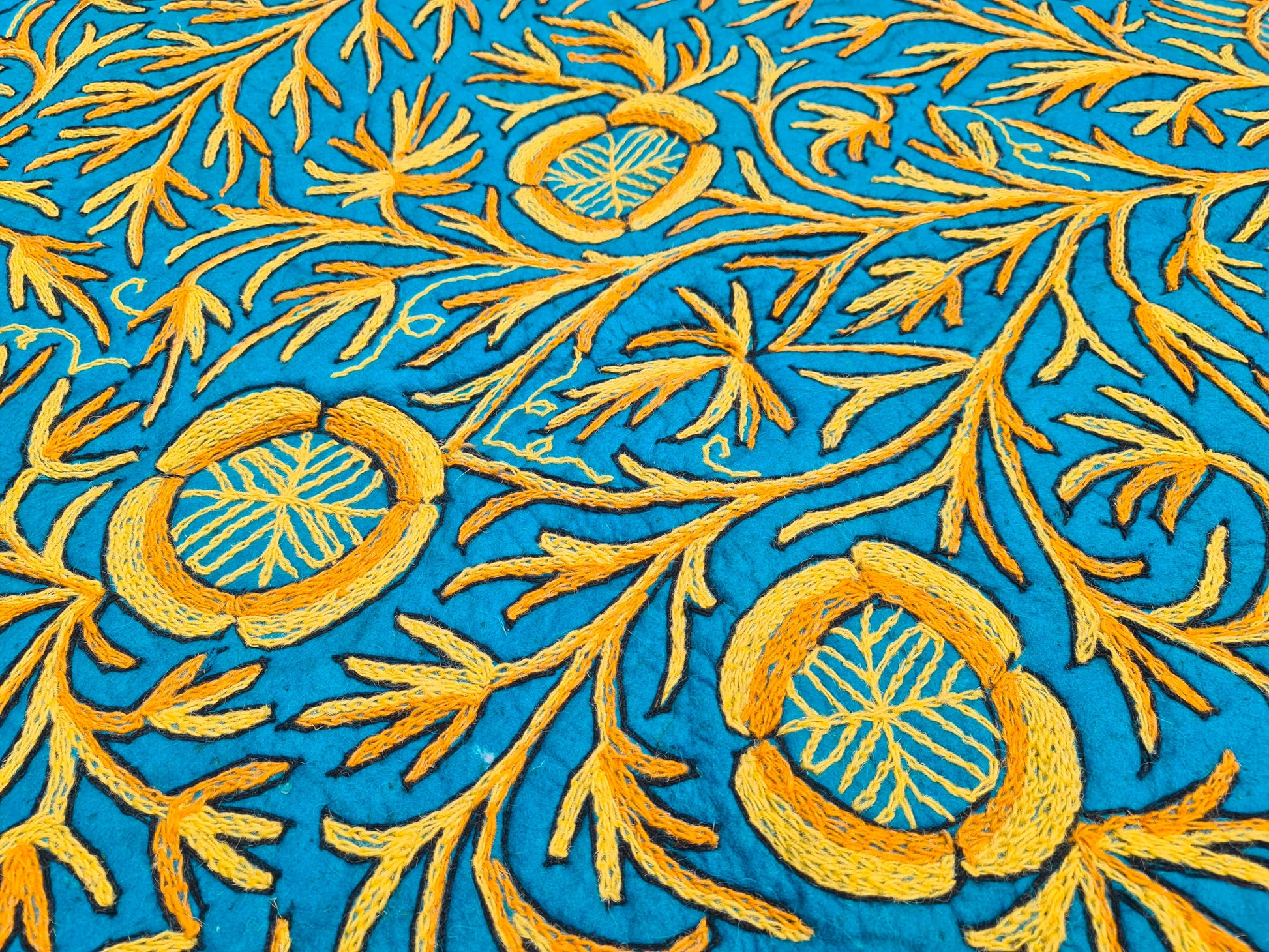 5ft Flower Namda - boho wool rug | hand felted and embroidered - Kashmiri area rug - Round wool rug - The Shanti Home