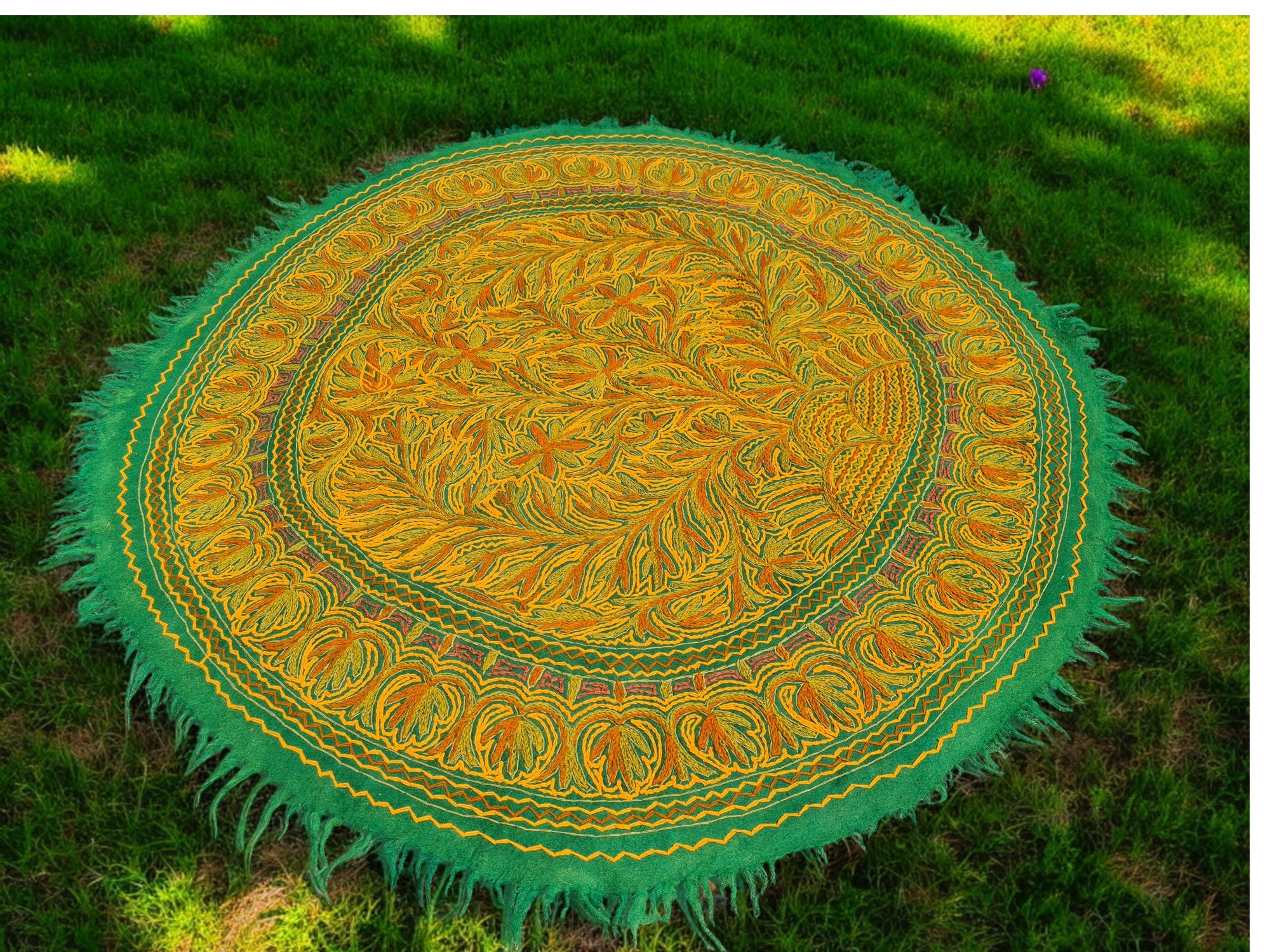 Kashmiri Namda rug 6ft - Mandala wool rug - boho area rug handfelted and embroidered - The Shanti Home