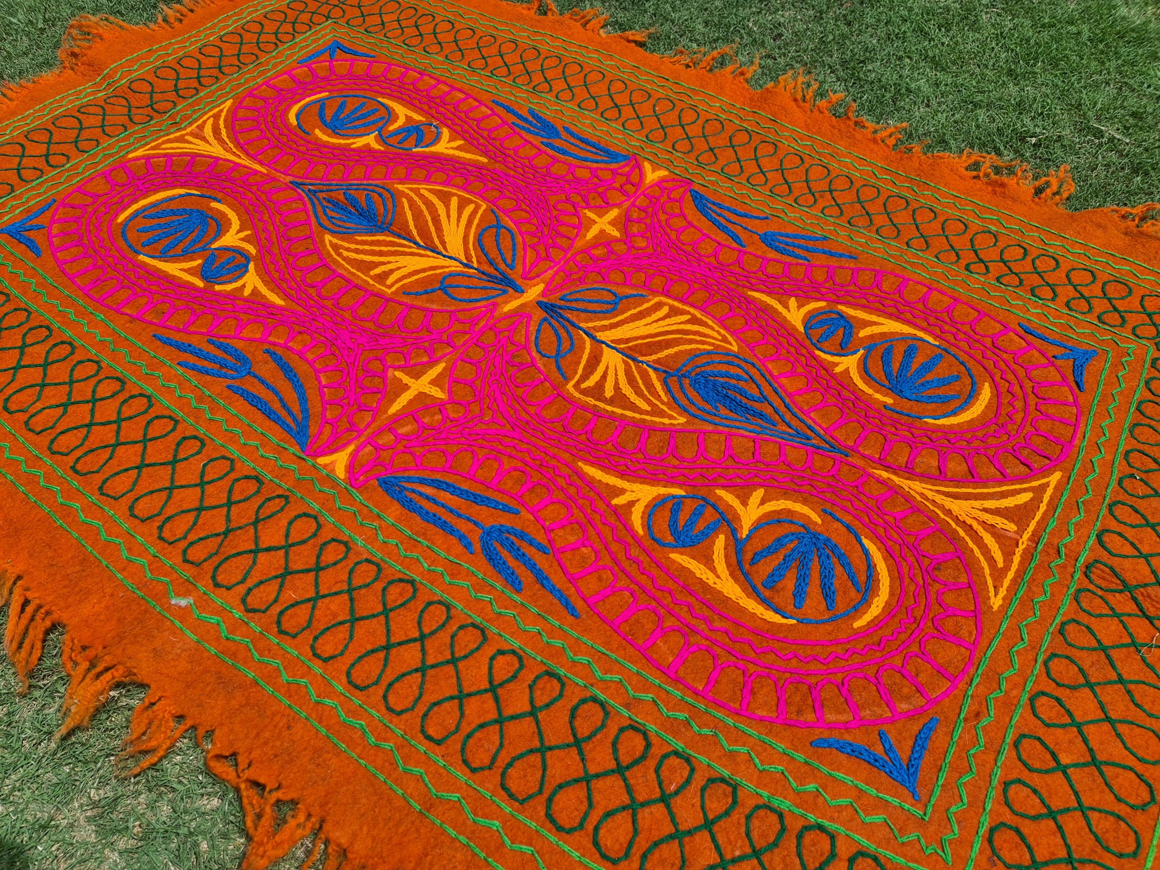 Felted wool rug Kashmiri "Namda" colorful floral rug | embroidered soft wool bedroom rug - The Shanti Home