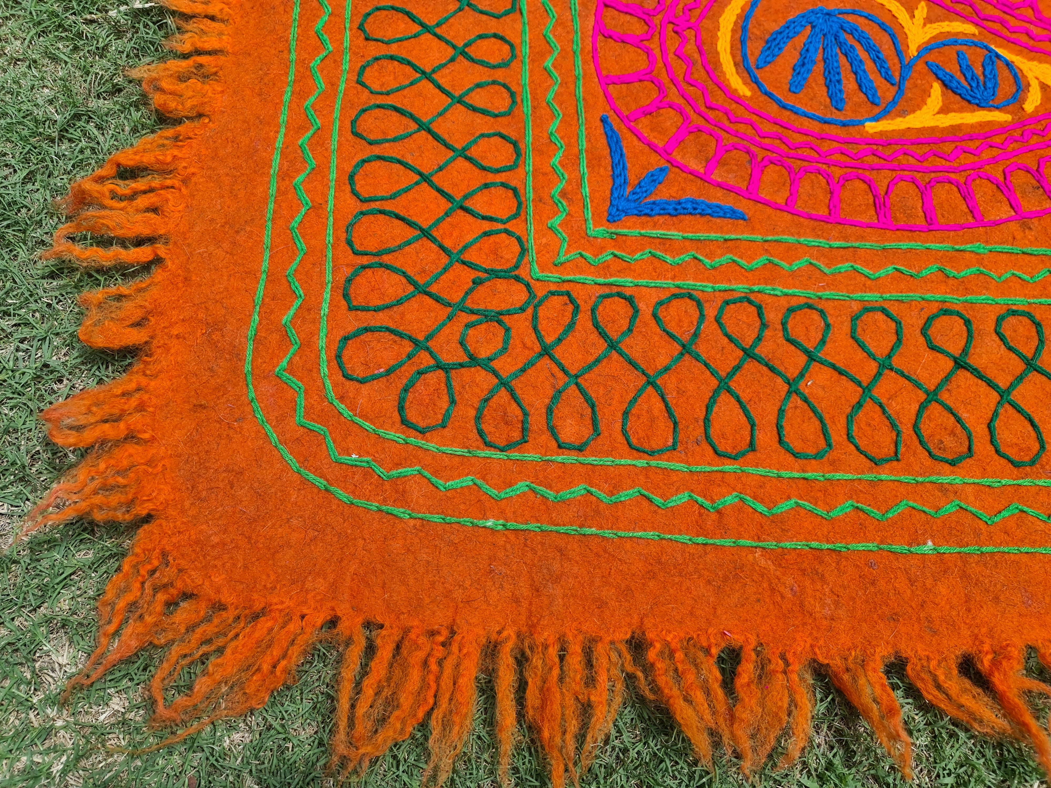 Felted wool rug Kashmiri "Namda" colorful floral rug | embroidered soft wool bedroom rug - The Shanti Home