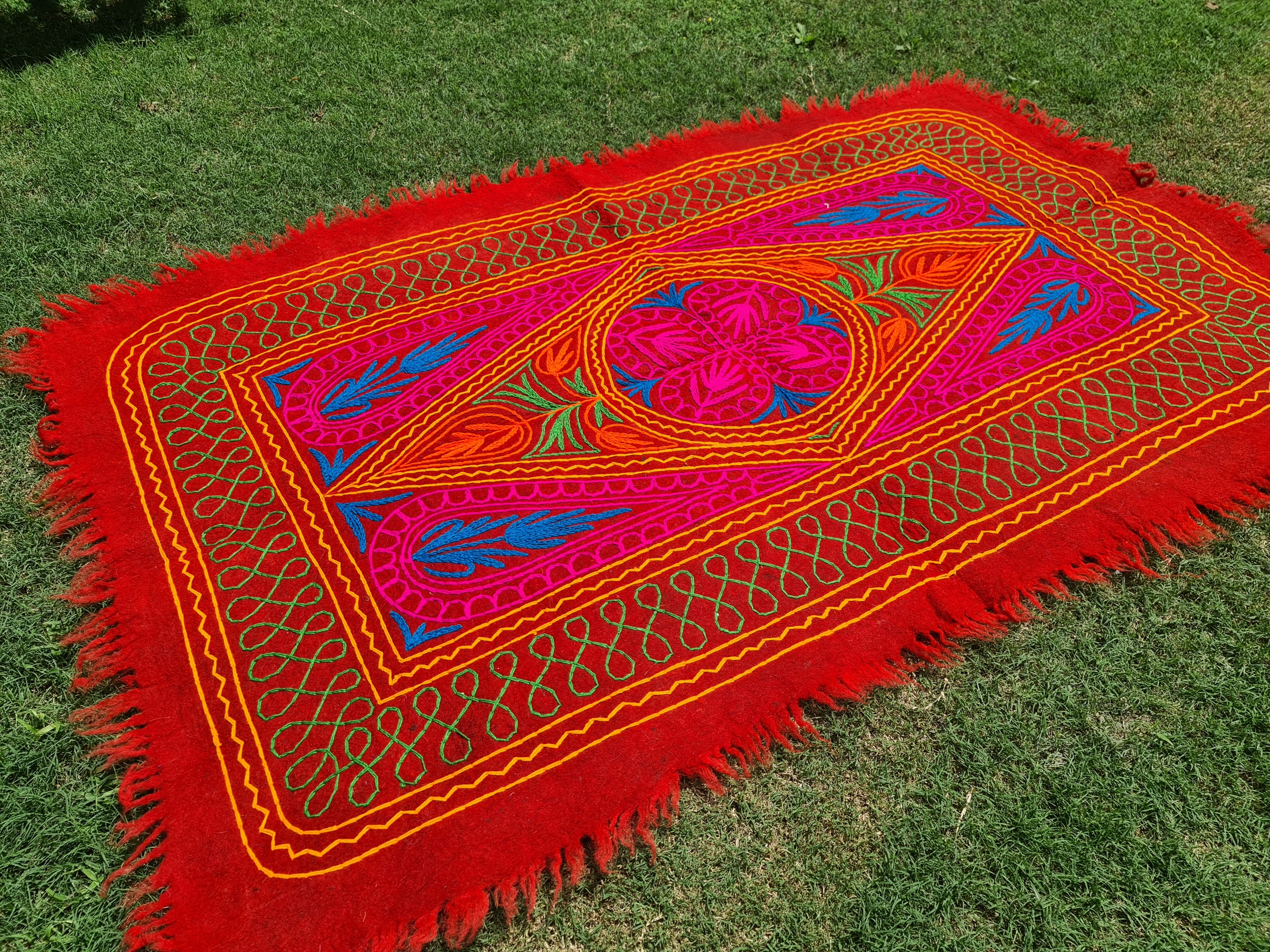 Felted wool rug Kashmiri "Namda" colorful floral rug | embroidered soft wool bedroom rug Hippie floor carpet - The Shanti Home