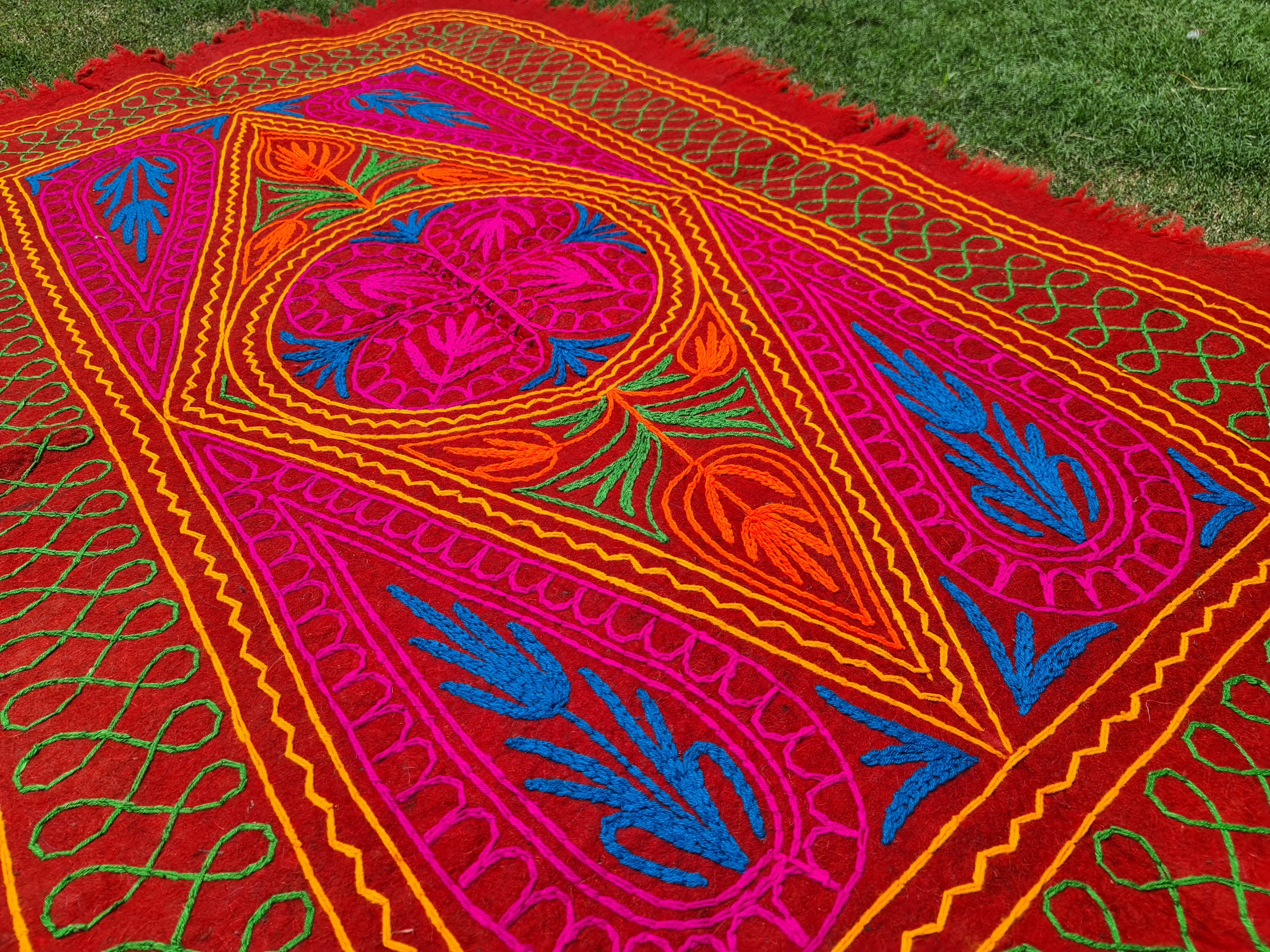 Felted wool rug Kashmiri "Namda" colorful floral rug | embroidered soft wool bedroom rug Hippie floor carpet - The Shanti Home