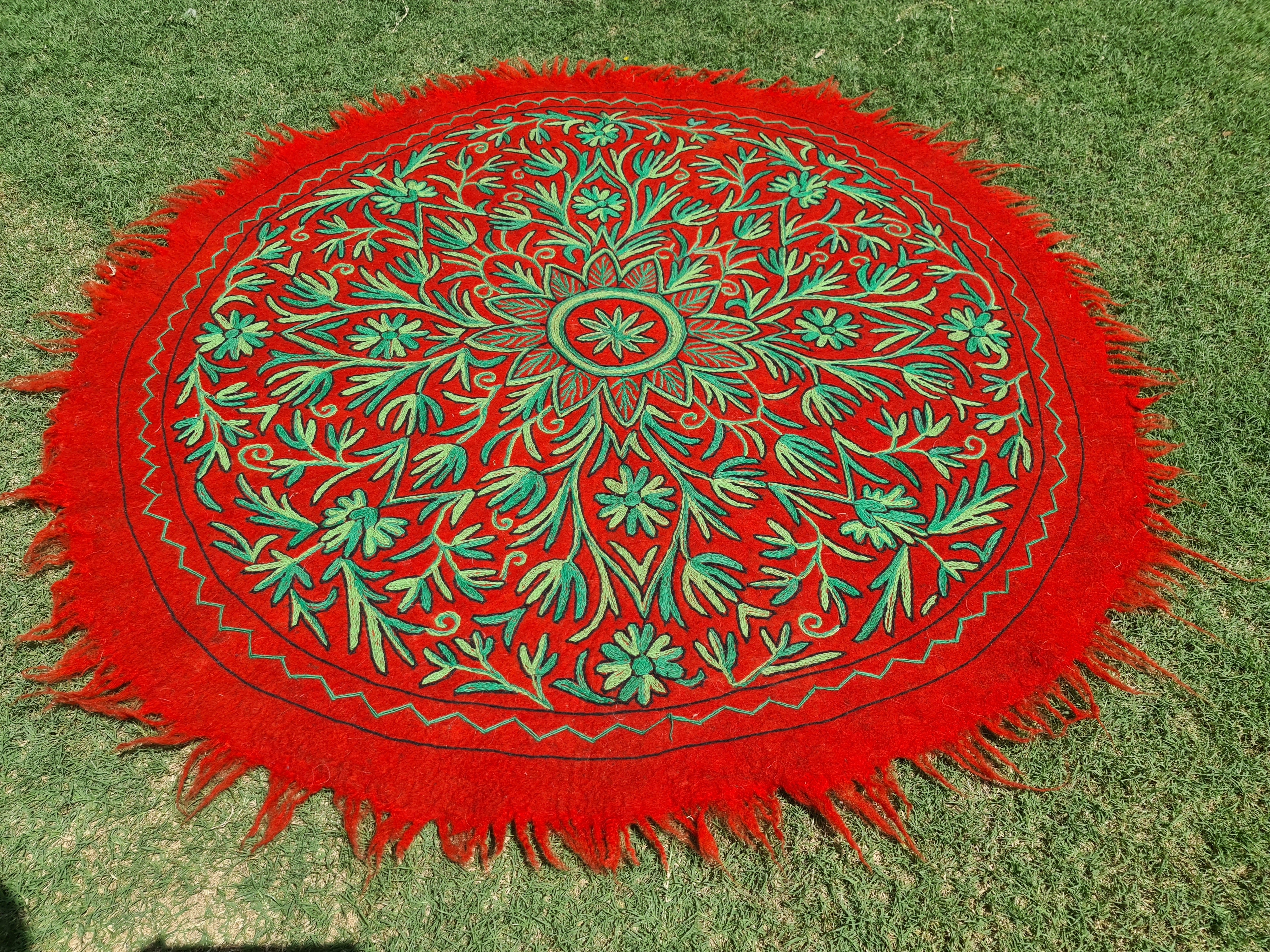 5ft Round Boho Wool Rug | Handmade Kashmiri “Namda” | Embroidered Felted Floor Carpet