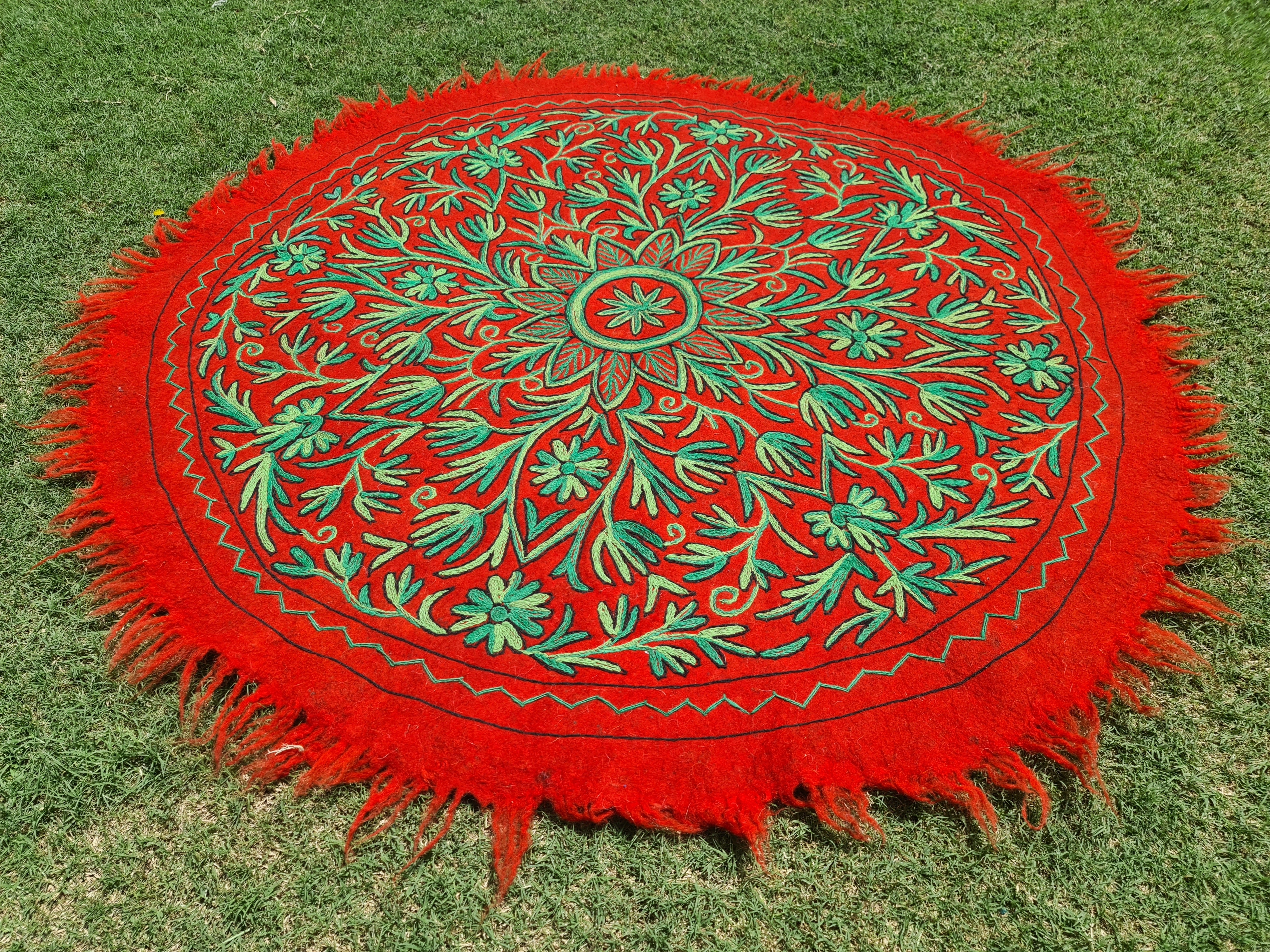 5ft Round Boho Wool Rug | Handmade Kashmiri “Namda” | Embroidered Felted Floor Carpet