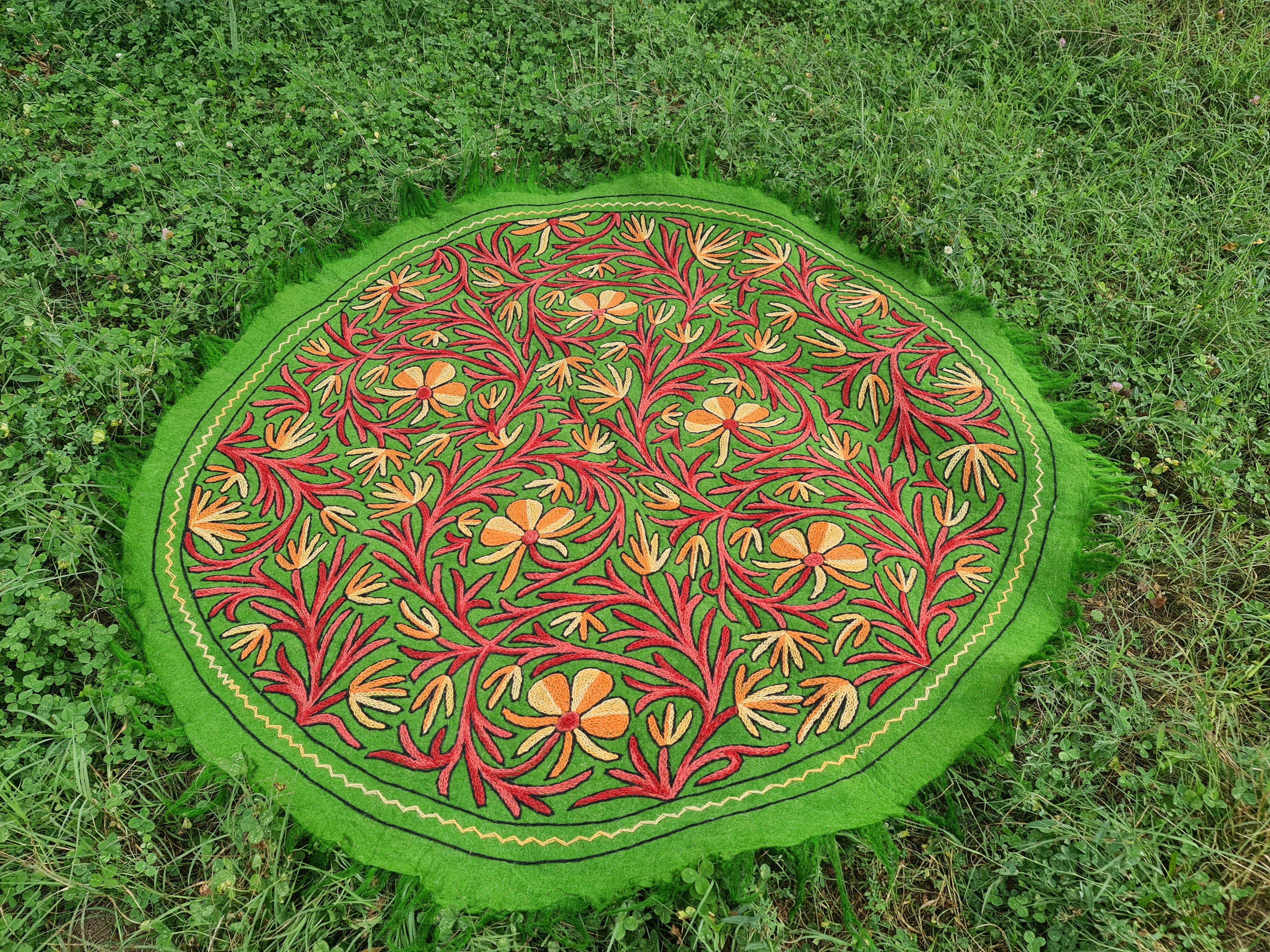 5ft Mandala Wool Rug “Namda” | Hand-Felted & Embroidered | Boho Round Area Carpet