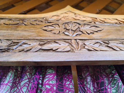 Hand carved walnut wood door topper and curtain - vintage saree bed crown- entrance decor - The Shanti Home