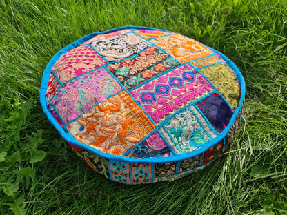 Meditation Cushion Cover – Indian Boho Patchwork Floor Pillow for Floor Seating