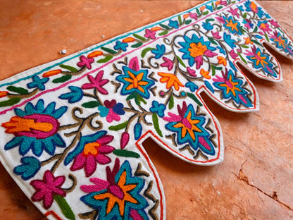 Kashmiri Toran Door Valance 39" Hand-Embroidered Floral Cotton & Wool Banner Crewel embroidery, Boho Wall/Window Decor