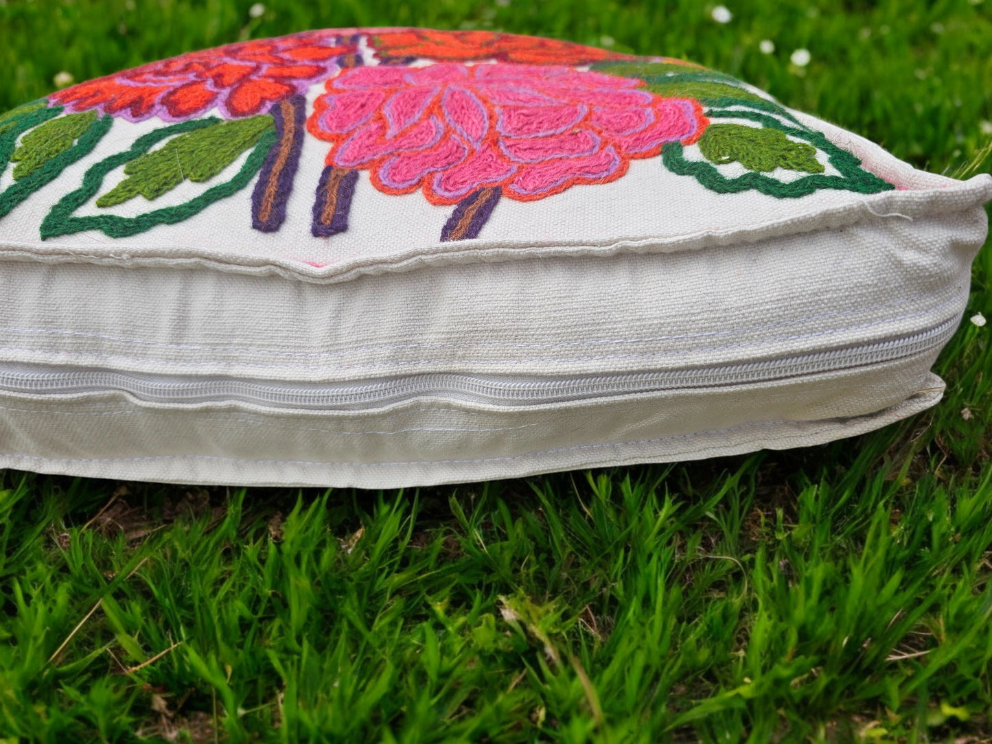 Artisan Kashmiri Embroidered Mandala Cushion Cover – Boho Hippie Floor Pillow for Meditation or Lounge Decor (Cover Only)