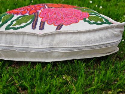 Artisan Kashmiri Embroidered Mandala Cushion Cover – Boho Hippie Floor Pillow for Meditation or Lounge Decor (Cover Only)