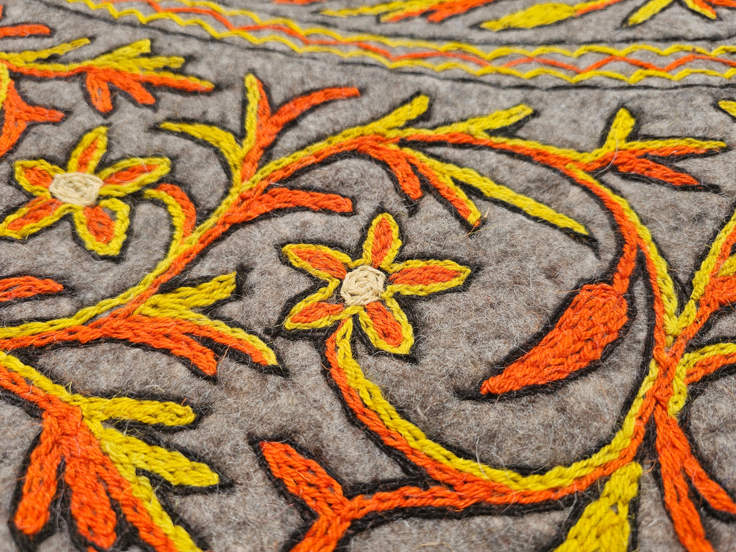5ft Namda Natural wool rug | hand felted and embroidered - Kashmiri round area rug
