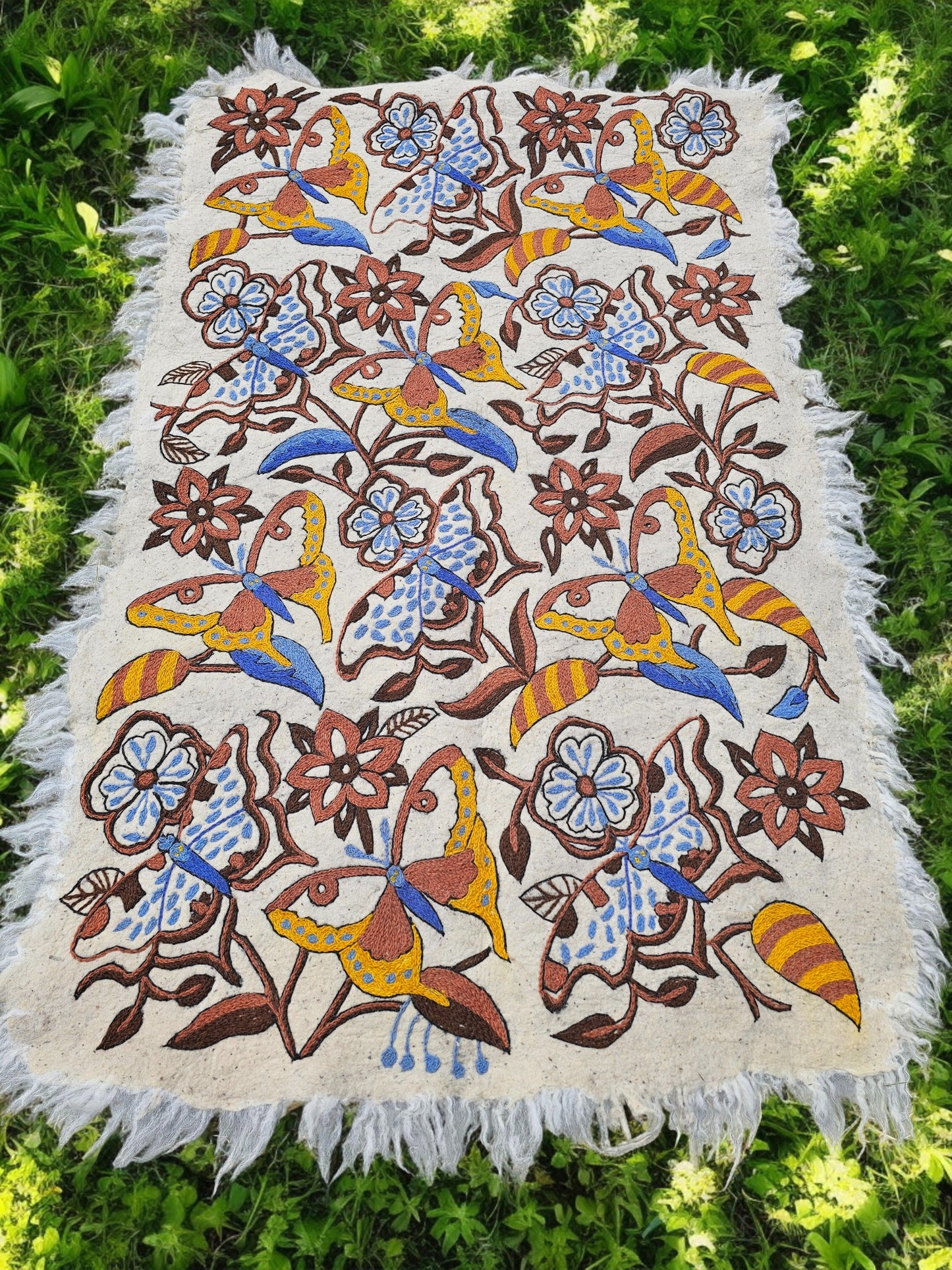 Handmade wool rug "Butterfly" traditional Namda felt rug from Kashmir | hand felted, embroidered 6x4 bohemian floor seating - boho area