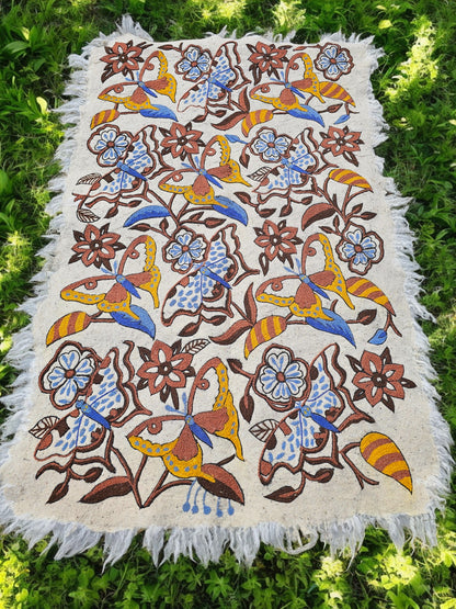 Handmade wool rug "Butterfly" traditional Namda felt rug from Kashmir | hand felted, embroidered 6x4 bohemian floor seating - boho area