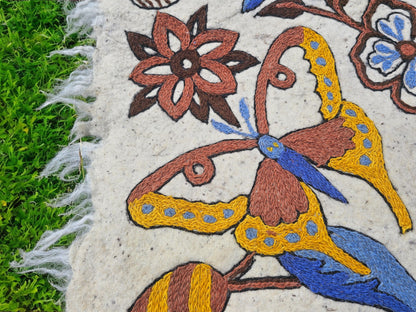Handmade wool rug "Butterfly" traditional Namda felt rug from Kashmir | hand felted, embroidered 6x4 bohemian floor seating - boho area