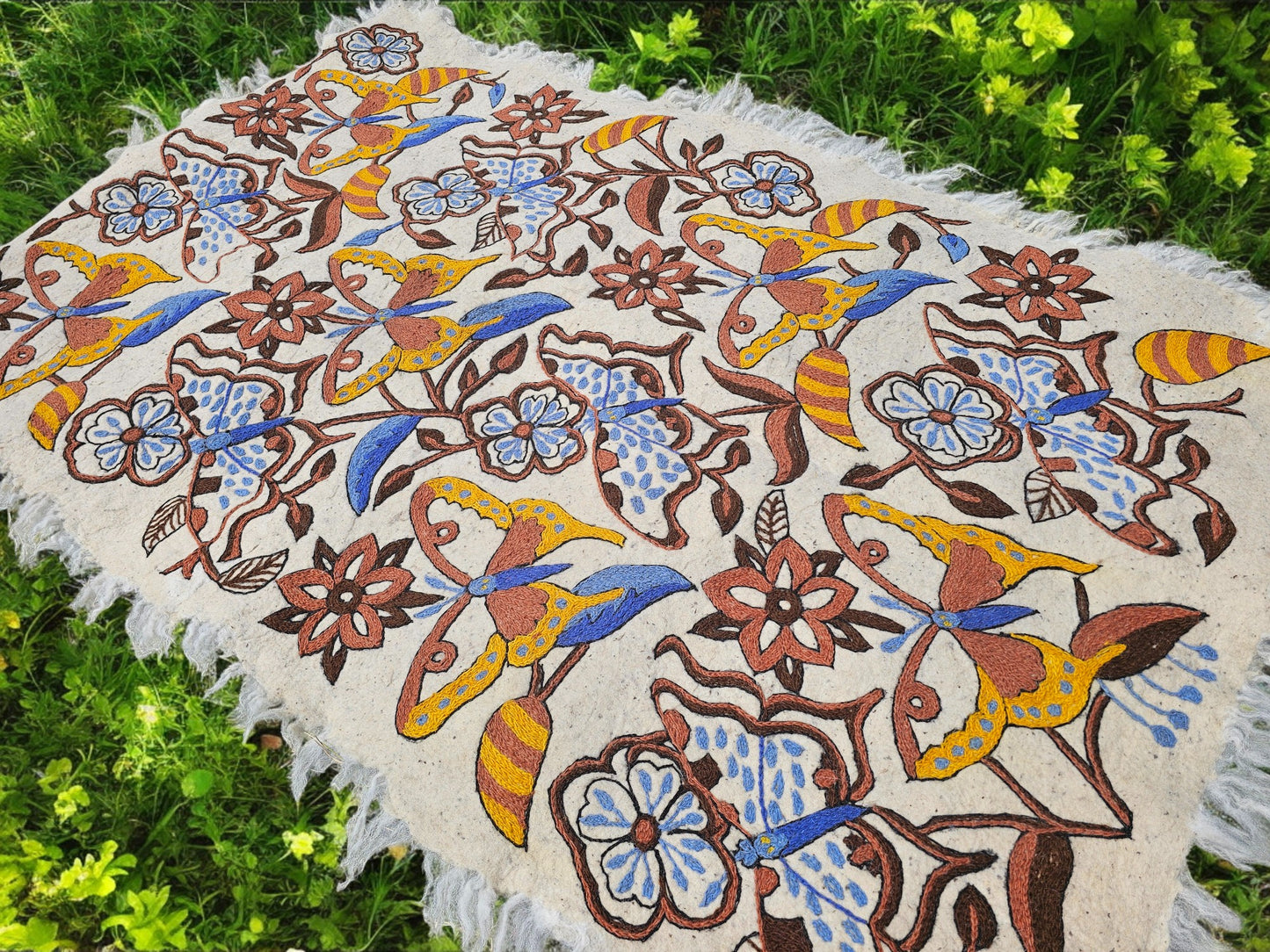 Handmade wool rug "Butterfly" traditional Namda felt rug from Kashmir | hand felted, embroidered 6x4 bohemian floor seating - boho area