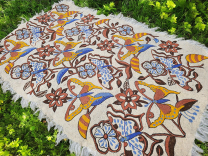 Handmade wool rug "Butterfly" traditional Namda felt rug from Kashmir | hand felted, embroidered 6x4 bohemian floor seating - boho area