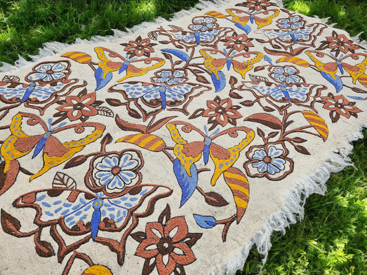 Handmade wool rug "Butterfly" traditional Namda felt rug from Kashmir | hand felted, embroidered 6x4 bohemian floor seating - boho area