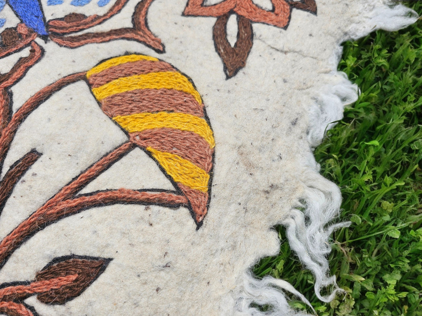Handmade wool rug "Butterfly" traditional Namda felt rug from Kashmir | hand felted, embroidered 6x4 bohemian floor seating - boho area
