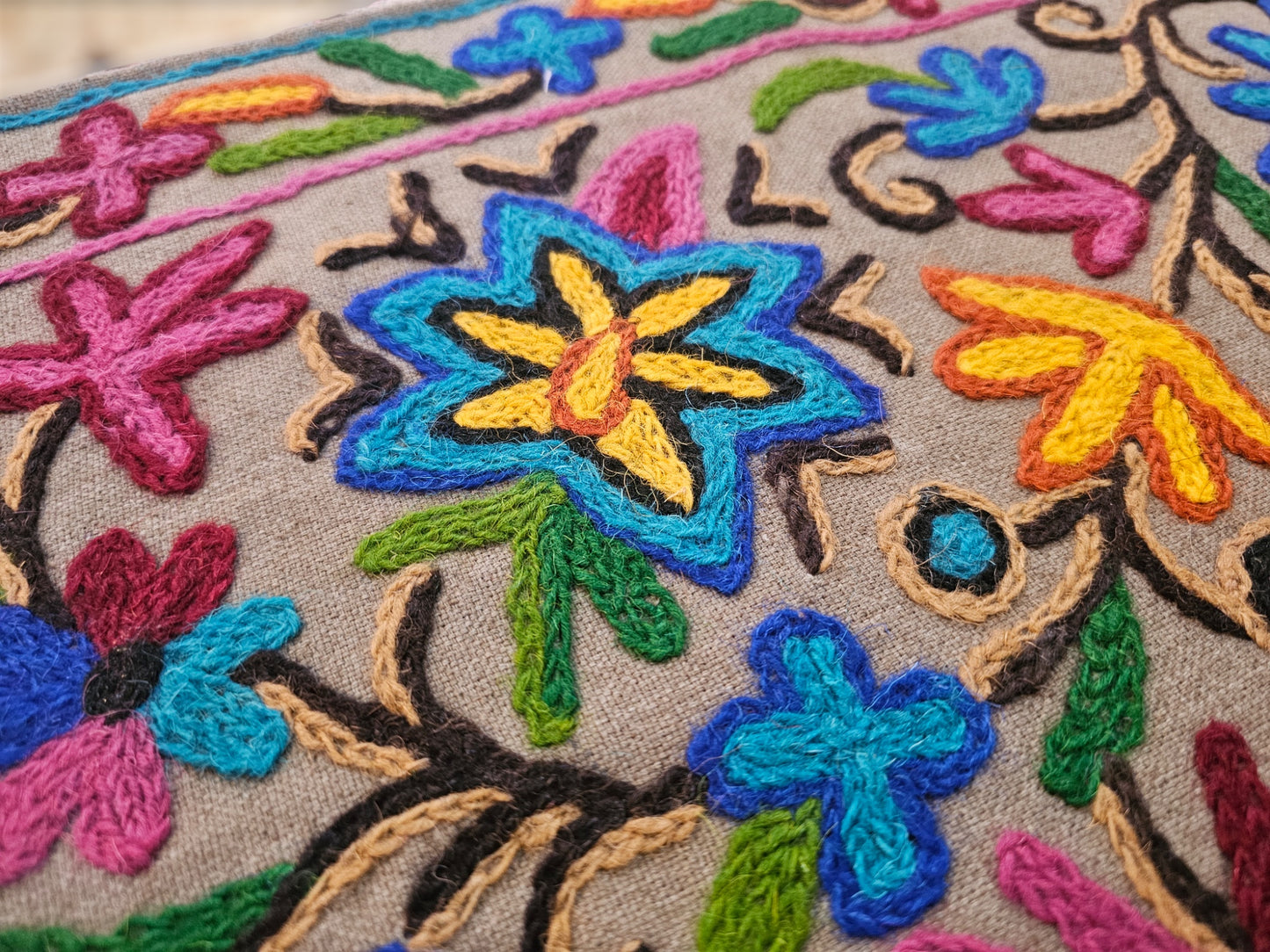 Kashmiri Toran Door Valance 39" Hand-Embroidered Floral Cotton & Wool Banner Crewel embroidery, Boho Wall/Window Decor