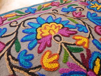 Kashmiri Toran Door Valance 39" Hand-Embroidered Floral Cotton & Wool Banner Crewel embroidery, Boho Wall/Window Decor