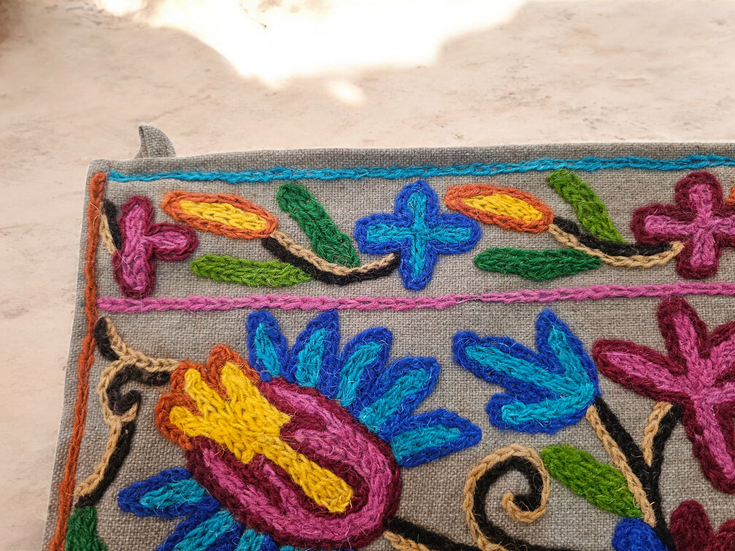 Kashmiri Toran Door Valance 39" Hand-Embroidered Floral Cotton & Wool Banner Crewel embroidery, Boho Wall/Window Decor