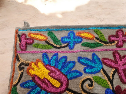 Kashmiri Toran Door Valance 39" Hand-Embroidered Floral Cotton & Wool Banner Crewel embroidery, Boho Wall/Window Decor