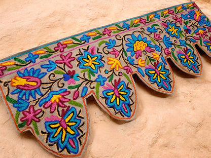 Kashmiri Toran Door Valance 39" Hand-Embroidered Floral Cotton & Wool Banner Crewel embroidery, Boho Wall/Window Decor