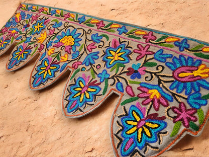 Kashmiri Toran Door Valance 39" Hand-Embroidered Floral Cotton & Wool Banner Crewel embroidery, Boho Wall/Window Decor