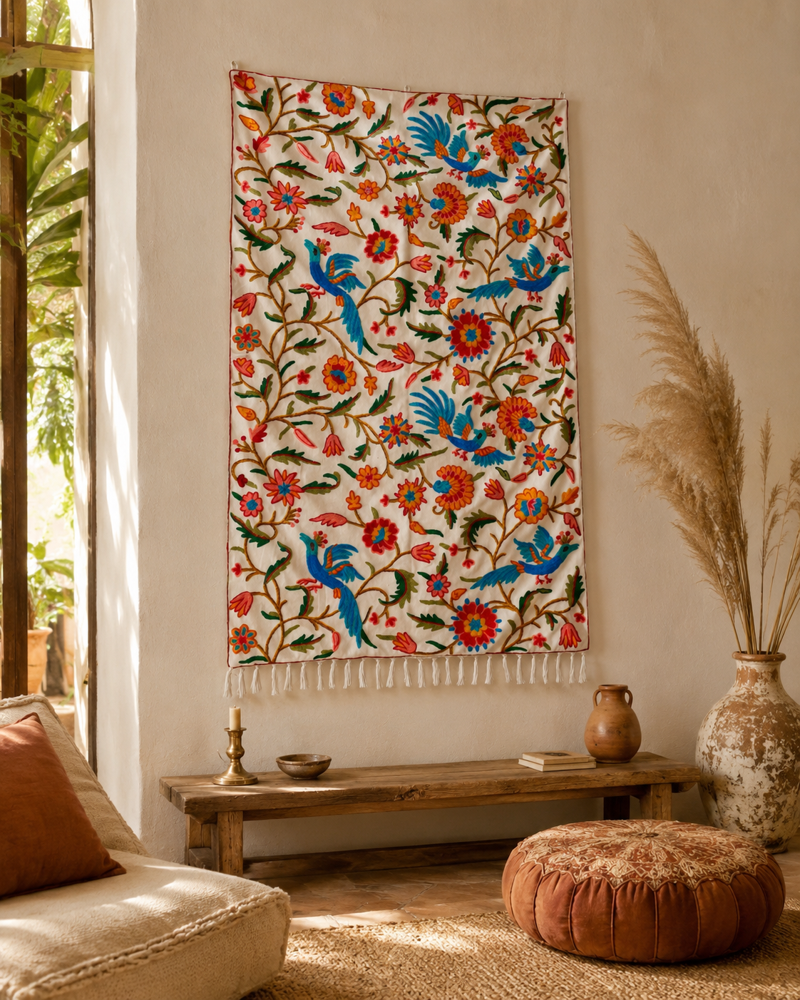 Embroidered Tapestry Kashmiri Wall Hanging 3x5ft Cotton and Wool Wall Decor