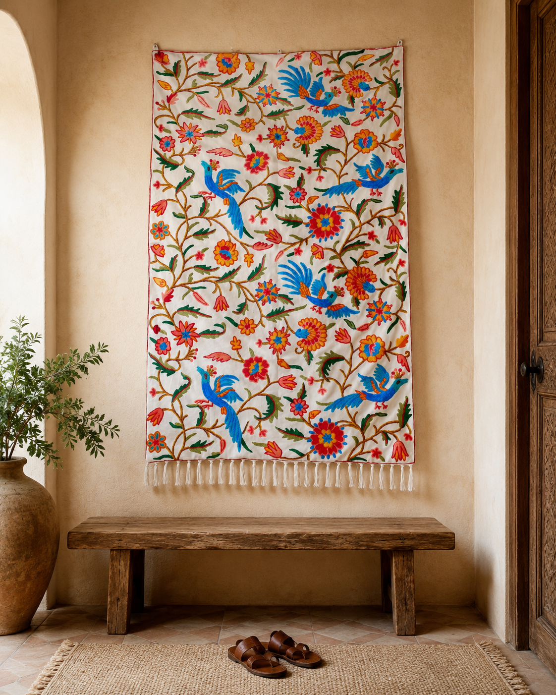 Embroidered Tapestry Kashmiri Wall Hanging 3x5ft Cotton and Wool Wall Decor