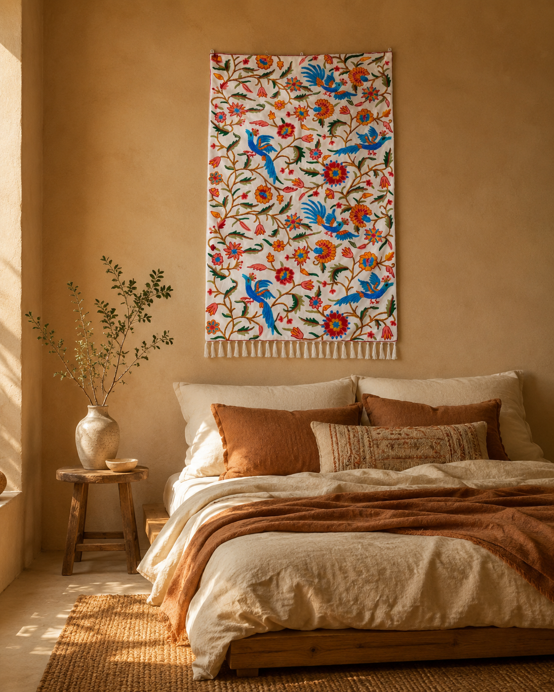 Embroidered Tapestry Kashmiri Wall Hanging 3x5ft Cotton and Wool Wall Decor