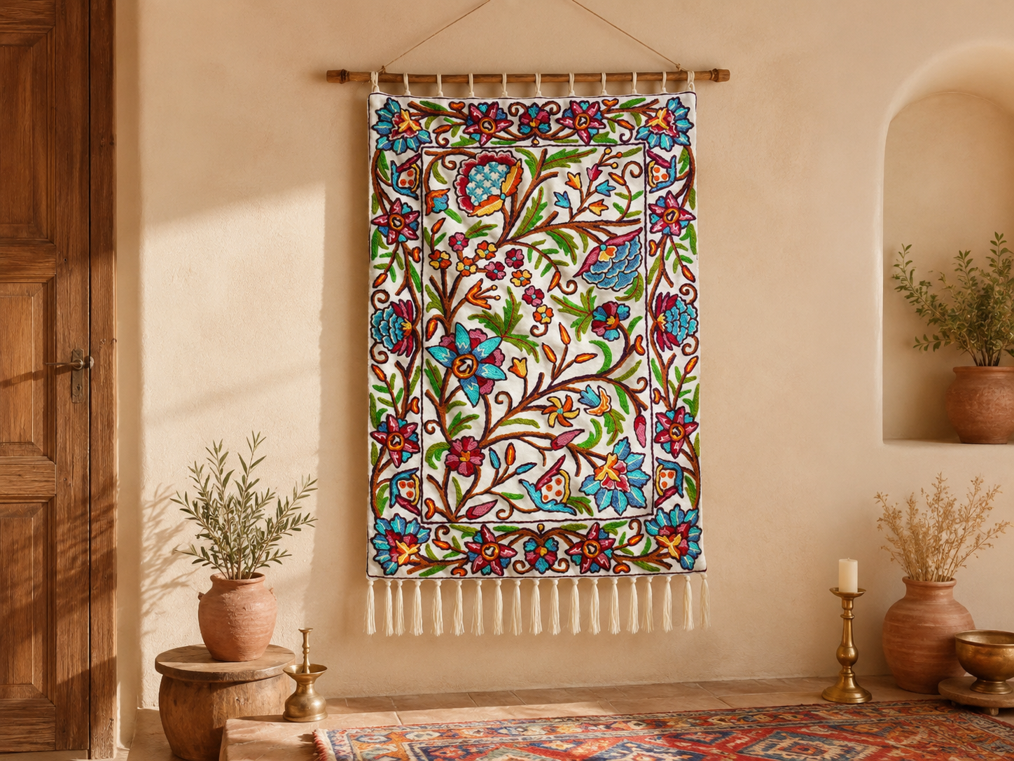 Kashmiri Embroidered Wall Hanging — Floral design, Wool on Cotton