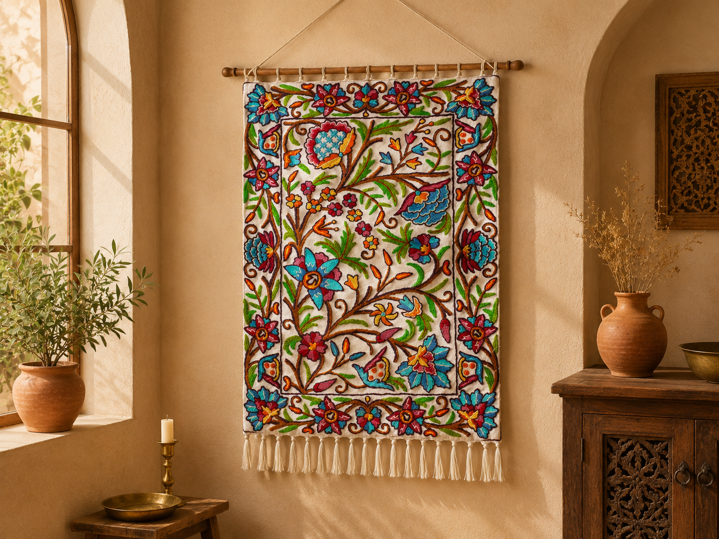Kashmiri Embroidered Wall Hanging — Floral design, Wool on Cotton
